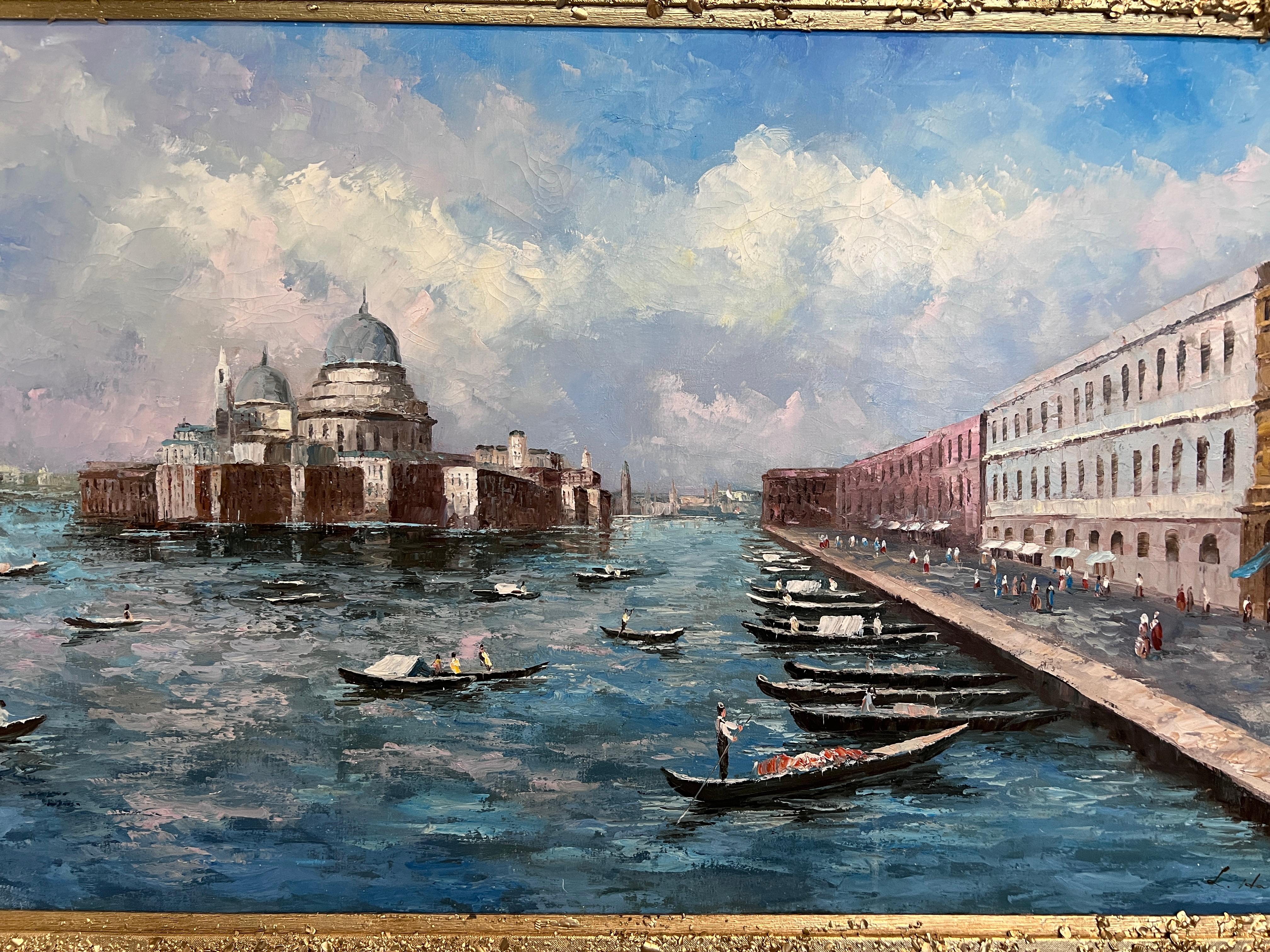 Venedig Grand Canal Ölgemälde L. Harland signiert Vintage Large Framed Art (Impressionismus), Painting, von Unknown