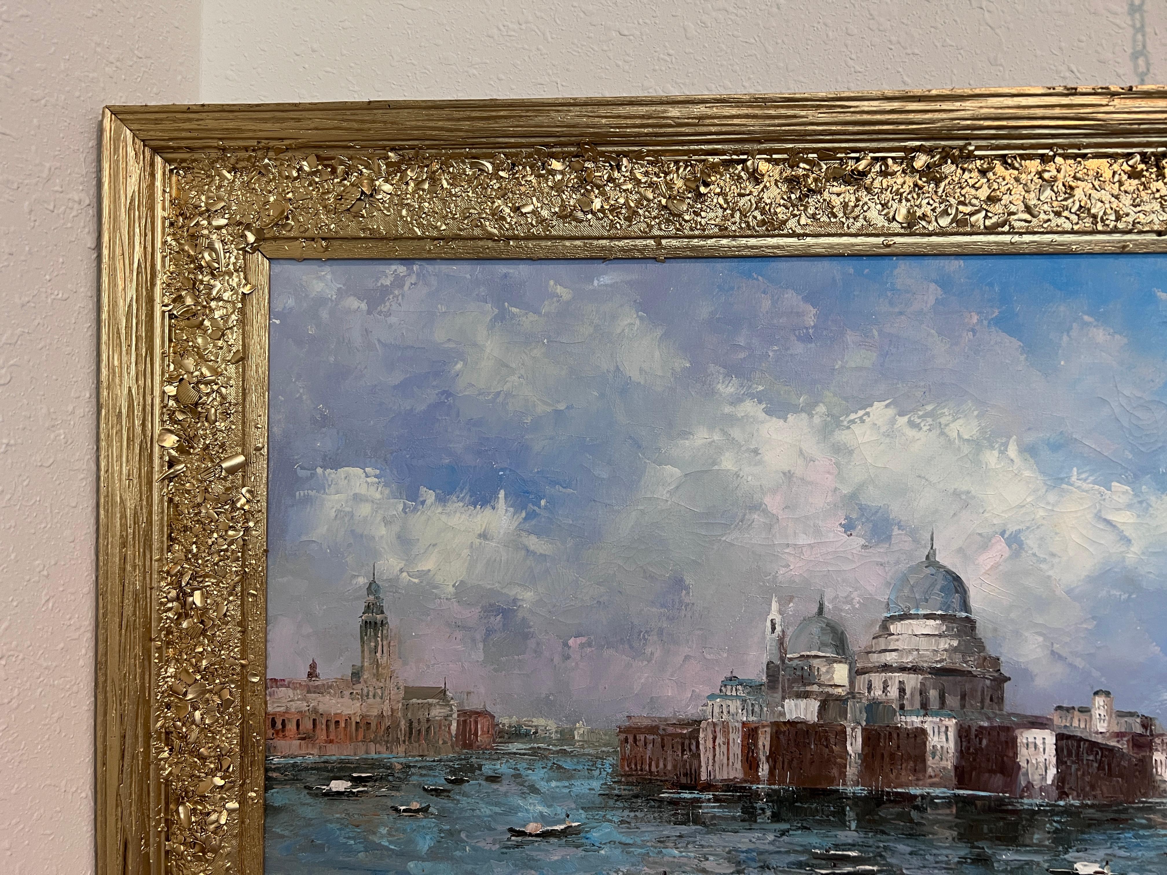 Diese beeindruckende großformatige Ansicht von Venedig fängt den ikonischen Canal Grande mit der unverwechselbaren Silhouette von Santa Maria della Salute ein, die in kühnen Palettenmesser-Texturen und leuchtendem mediterranem Licht wiedergegeben