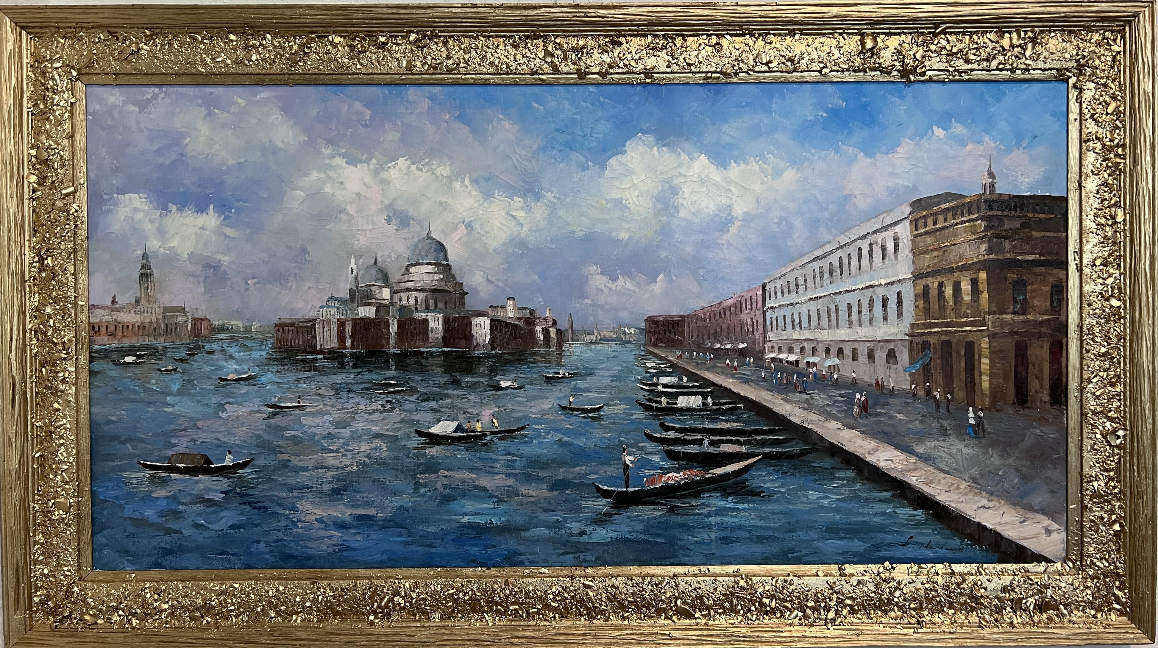 Unknown Landscape Painting – Venedig Grand Canal Ölgemälde L. Harland signiert Vintage Large Framed Art