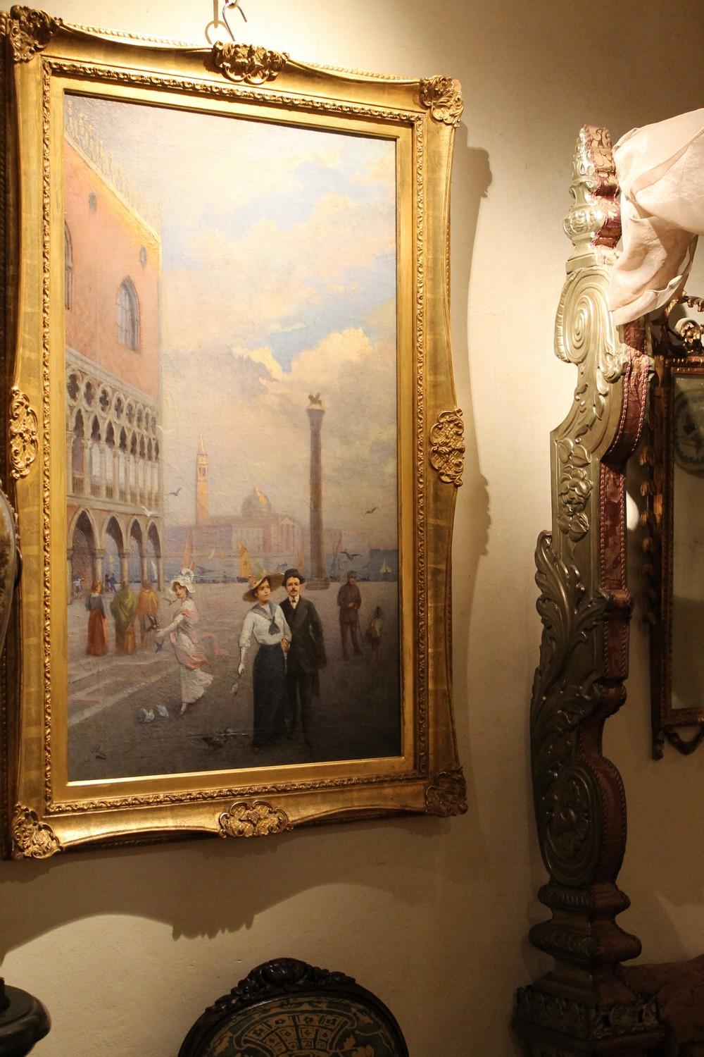 Venice Landscape Italian Oil on Canvas Painting in Gilt Wood Frame, Belle Epoque For Sale 5