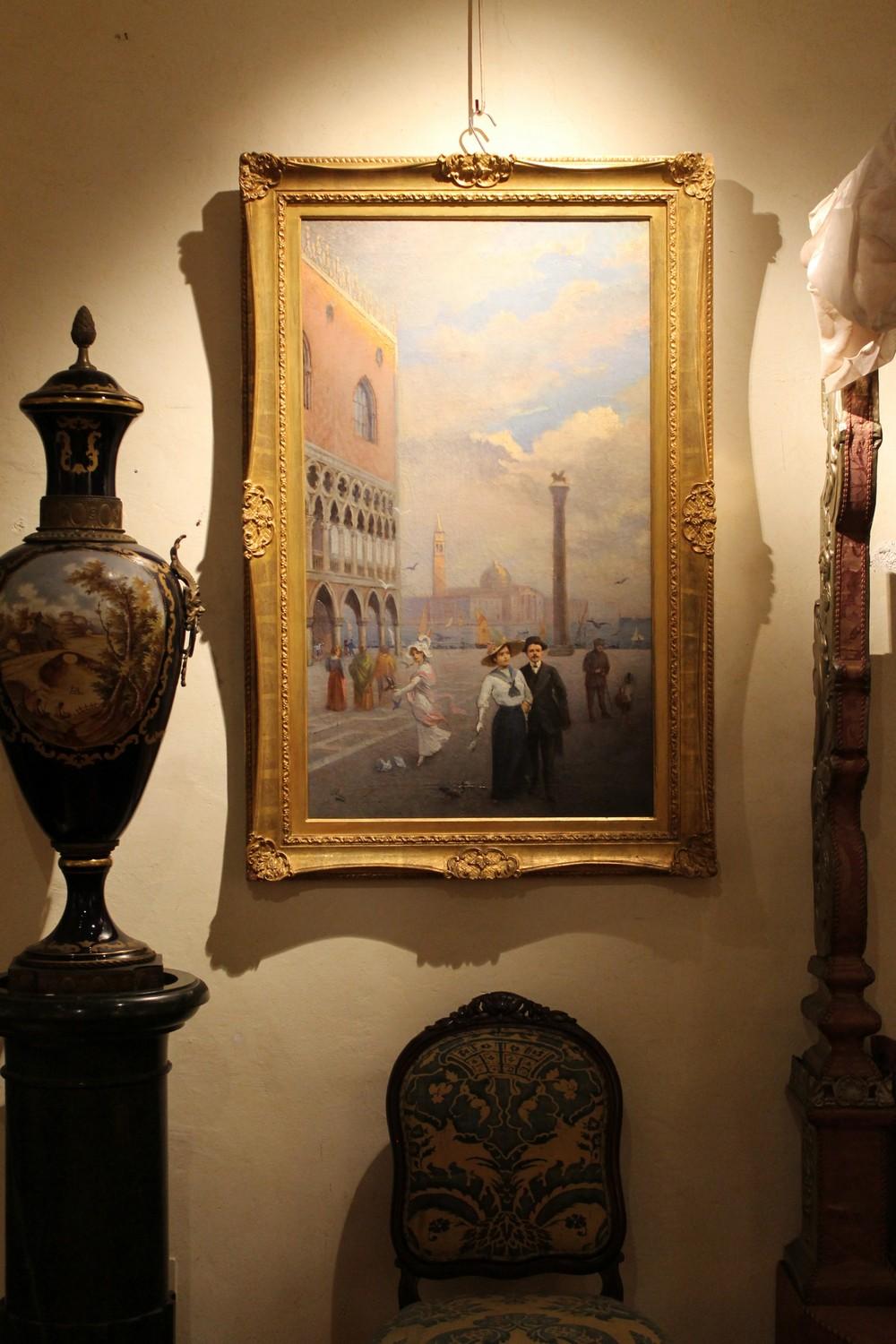 Venice Landscape Italian Oil on Canvas Painting in Gilt Wood Frame, Belle Epoque For Sale 6