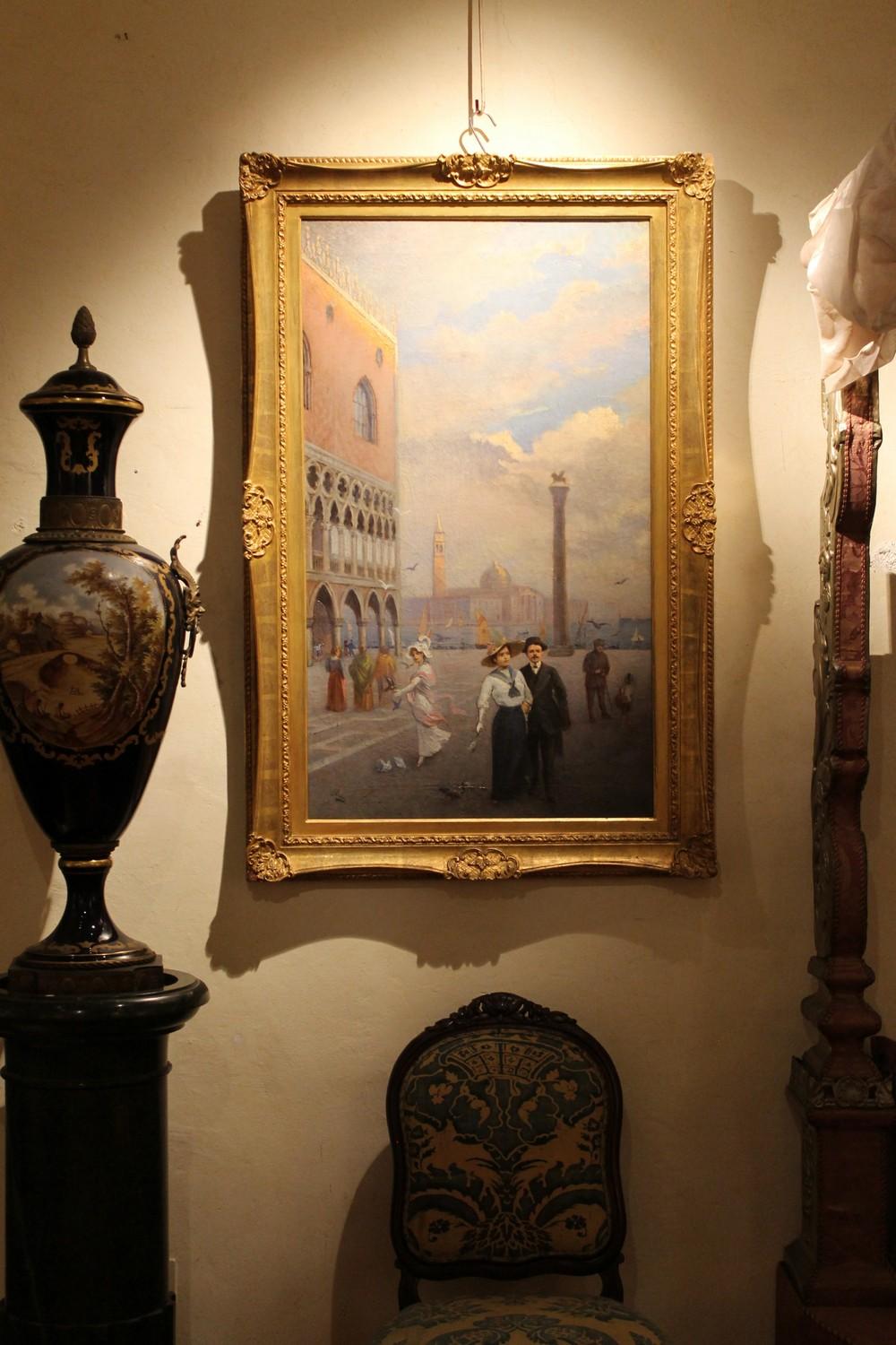 Paisaje de Venecia Pintura italiana al óleo sobre lienzo en marco de madera dorada, Belle Epoque en venta 6