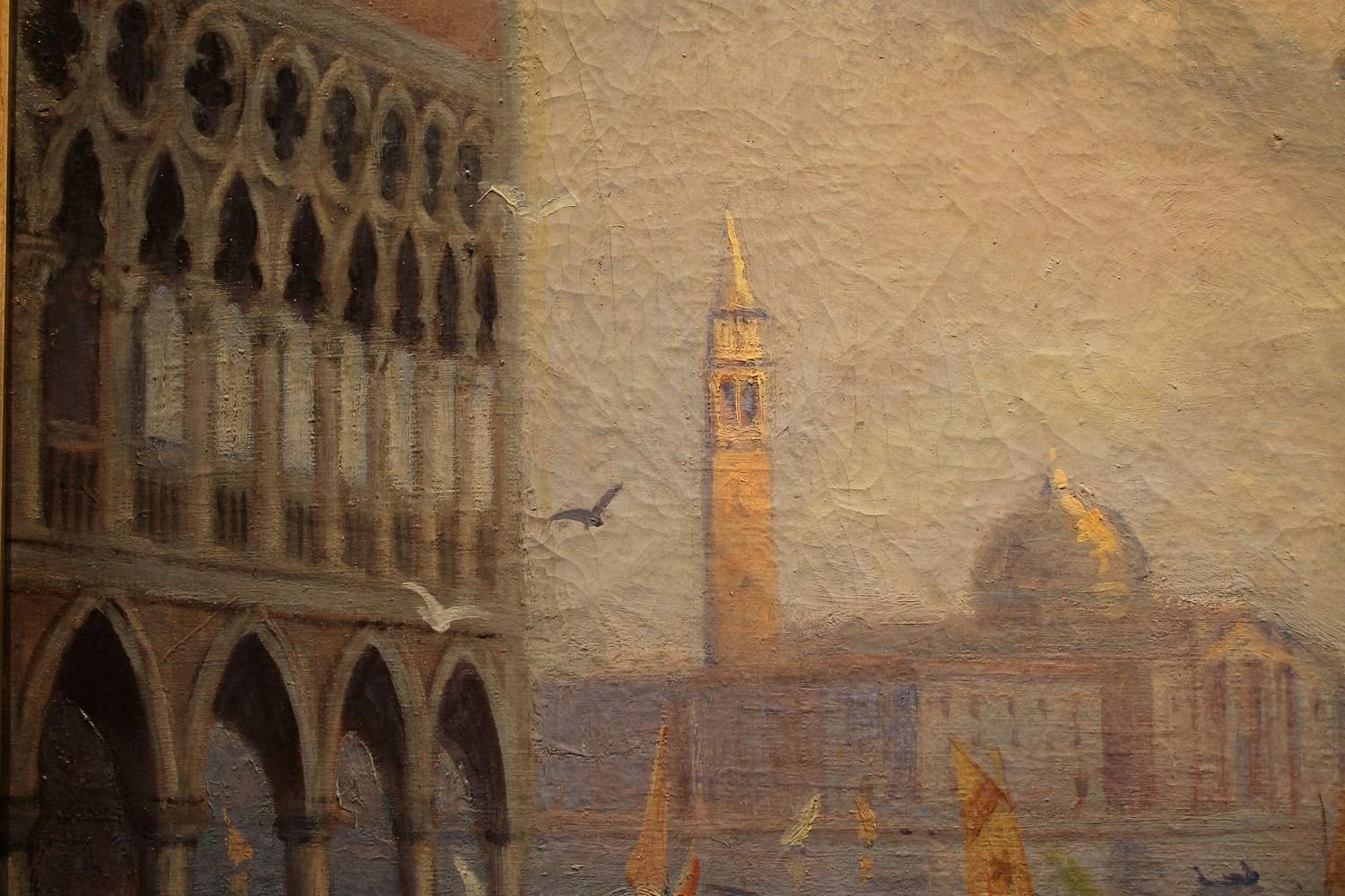 Peinture à l'huile sur toile italienne, paysage de Venise, cadre en bois doré, Belle Époque en vente 7