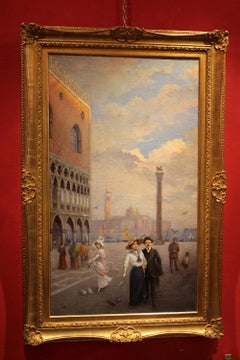 Peinture à l'huile sur toile italienne, paysage de Venise, cadre en bois doré, Belle Époque