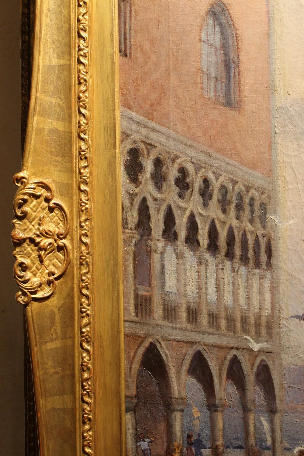 Peinture à l'huile sur toile italienne, paysage de Venise, cadre en bois doré, Belle Époque - Impressionnisme Painting par Unknown