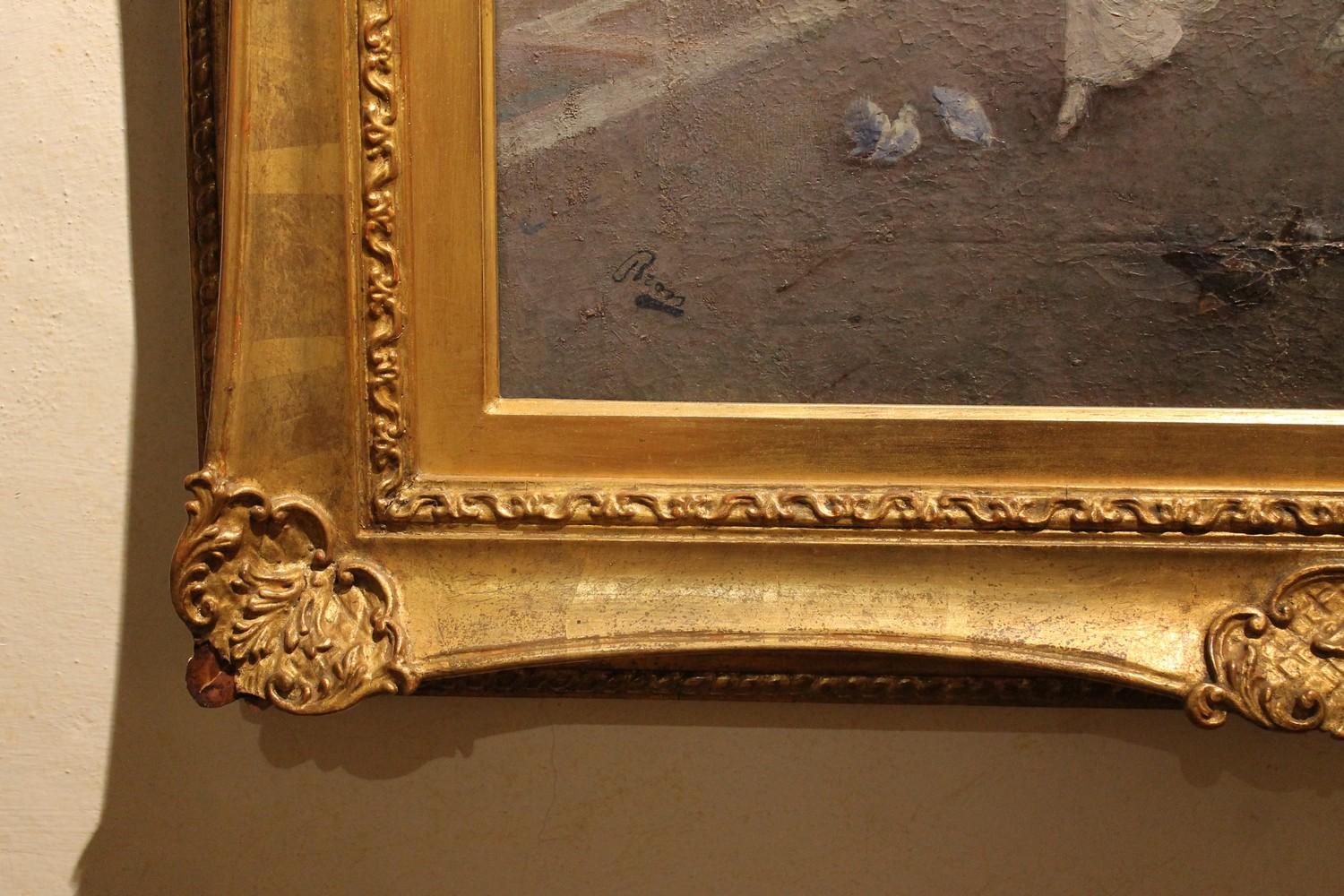 Peinture à l'huile sur toile italienne, paysage de Venise, cadre en bois doré, Belle Époque en vente 1