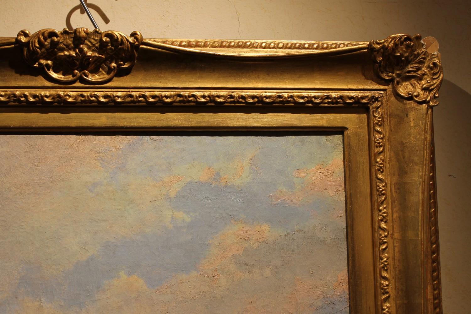Peinture à l'huile sur toile italienne, paysage de Venise, cadre en bois doré, Belle Époque en vente 2