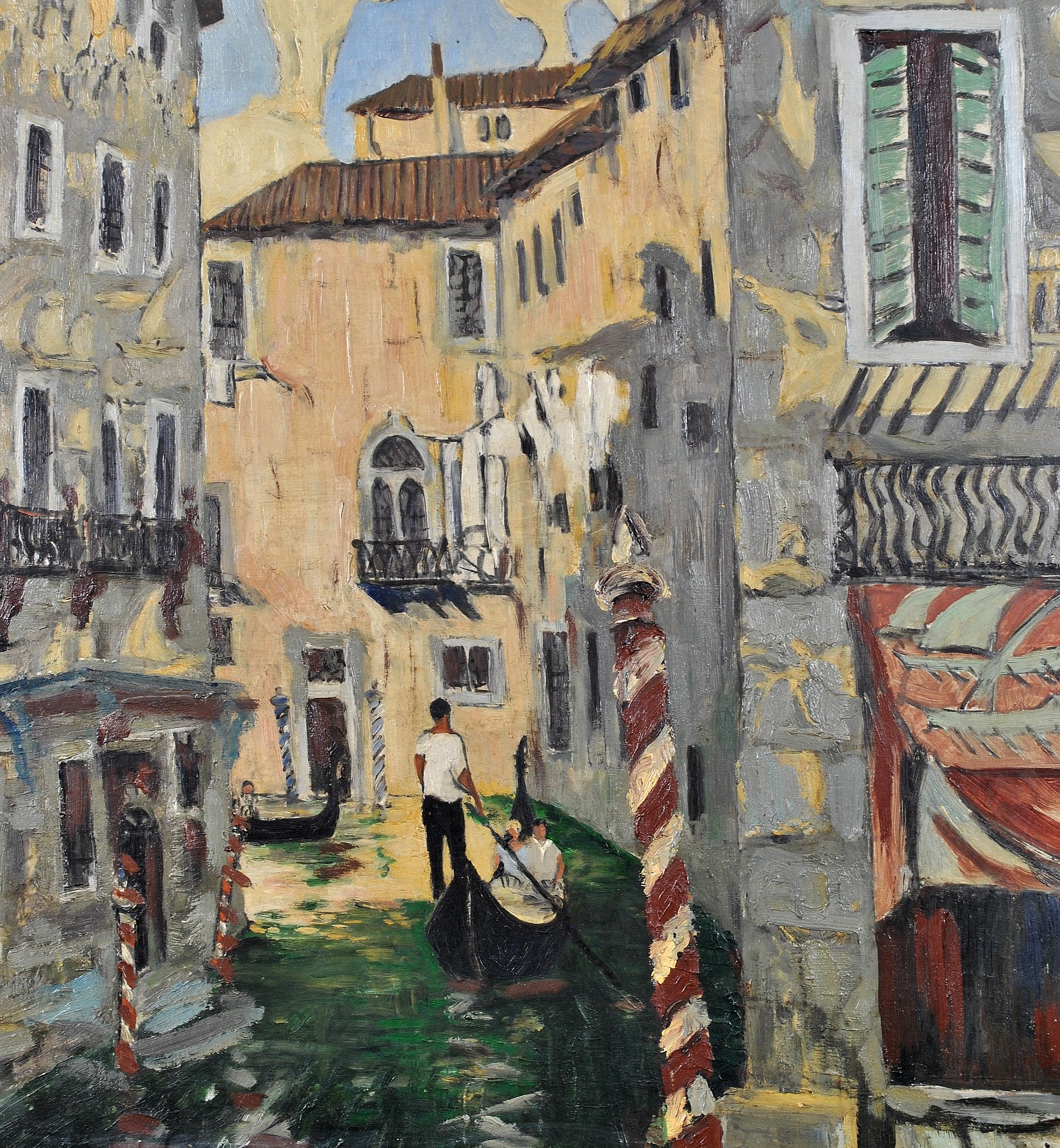 Venetian Canal - Large 20th Century Modern Venice Italy Oil on Board Painting For Sale 1