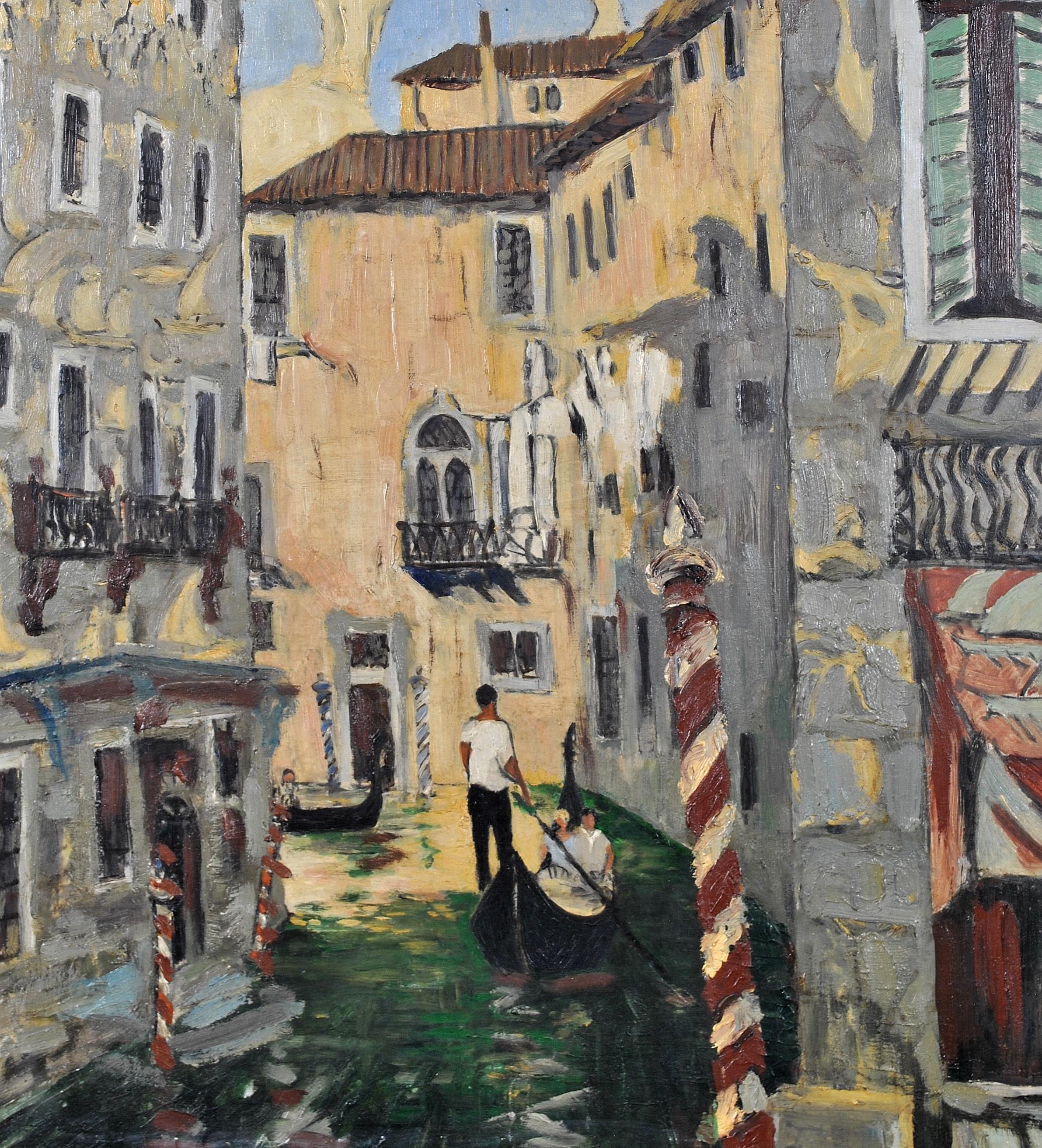 Venetian Canal - Large 20th Century Modern Venice Italy Oil on Board Painting For Sale 3
