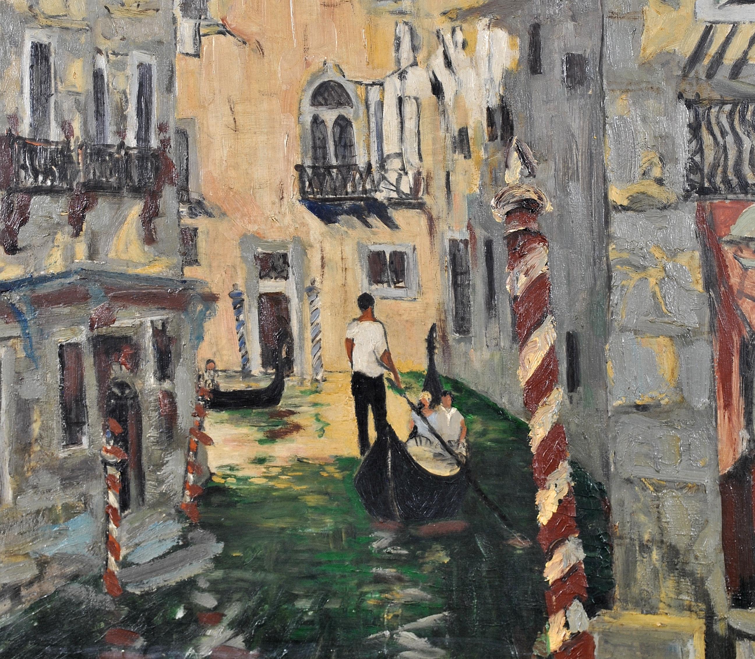 Venetian Canal - Large 20th Century Modern Venice Italy Oil on Board Painting For Sale 4