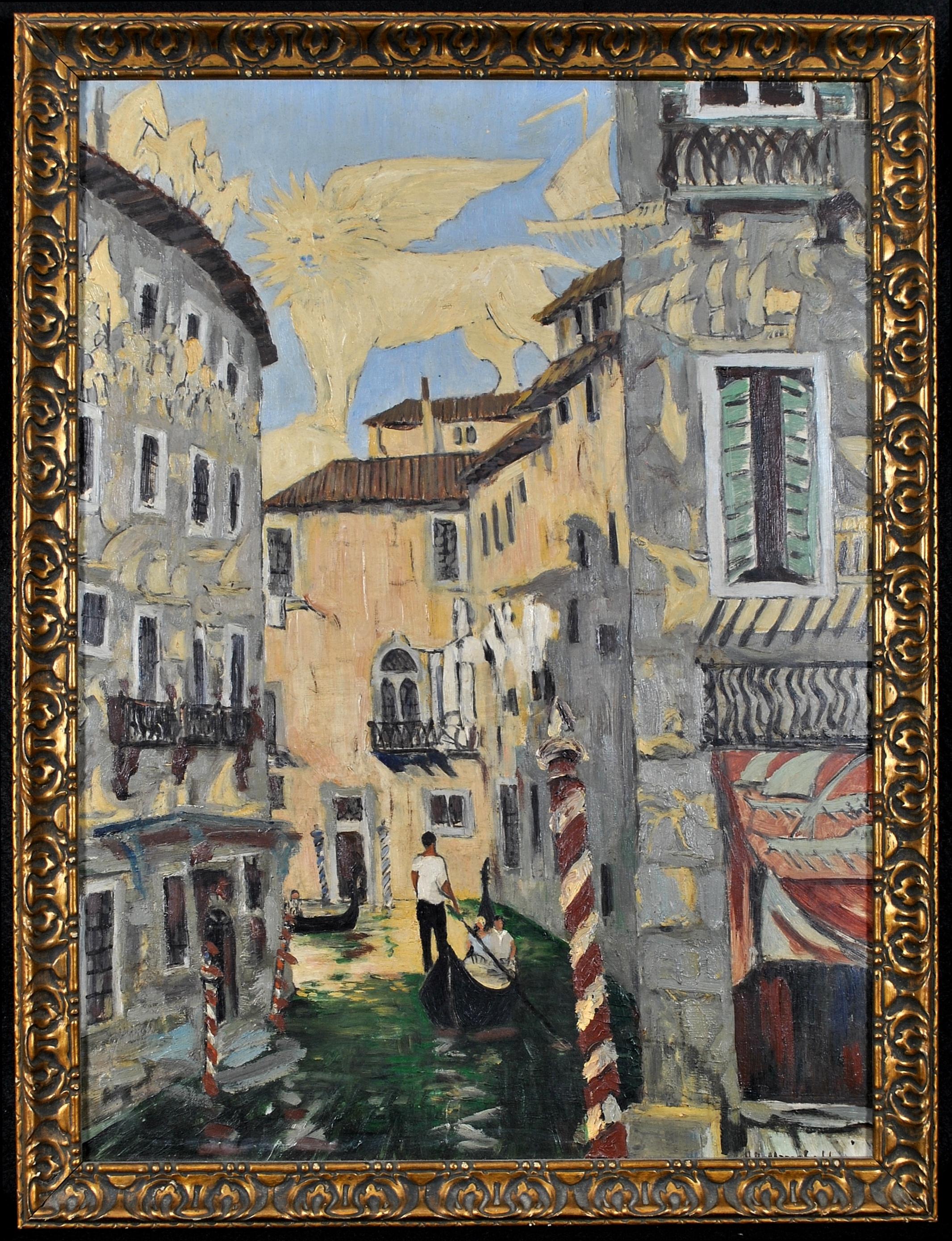 Venetian Canal - Large 20th Century Modern Venice Italy Oil on Board Painting