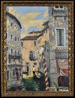Venetian Canal - Large 20th Century Modern Venice Italy Oil on Board Painting