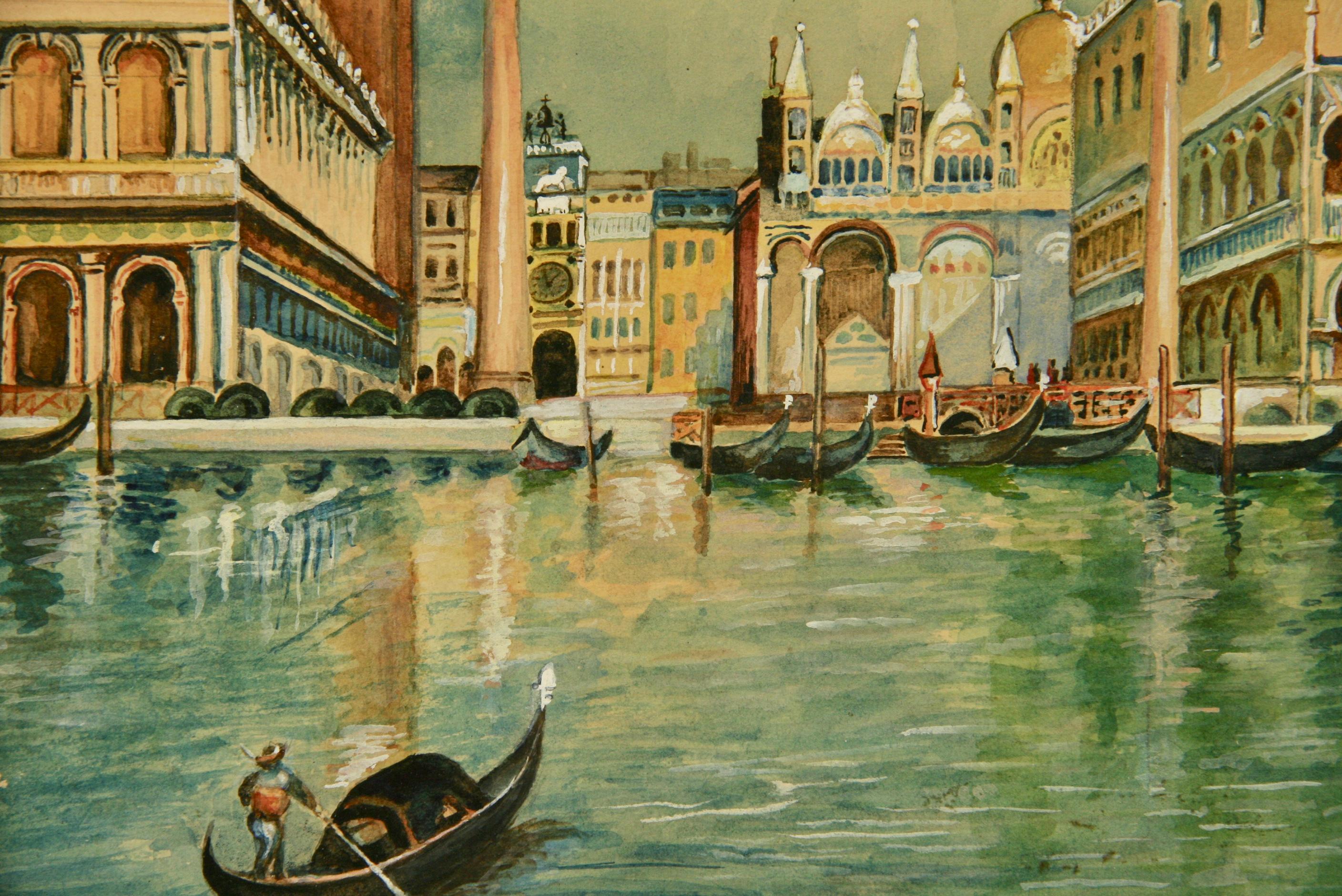 #5-3123a  Venice Piazza san Marco ,vintage acrylic  on paper displayed in a mat -glass and silver finish wood frame.Artist unknown .Image size 10.050 H x 8.075W