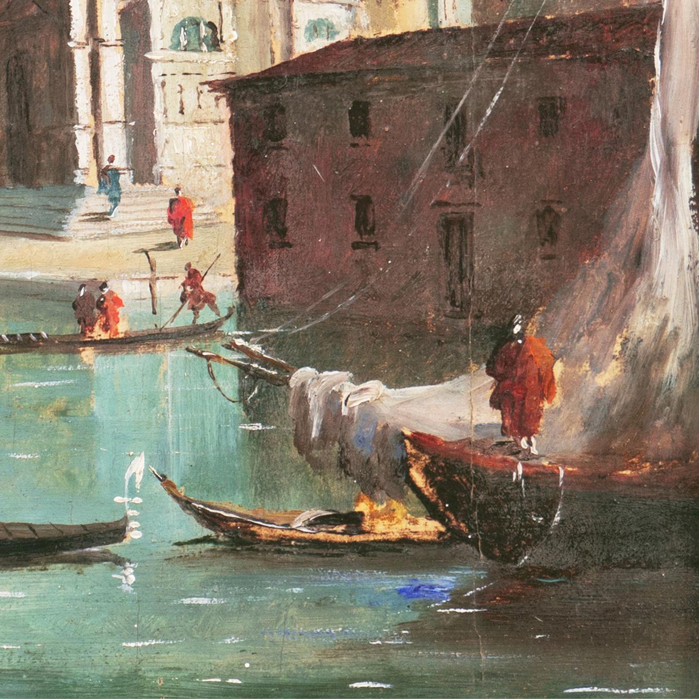 A cabinet-sized oil on panel showing a lively view of Venice with figures in gondolas on the Bacino San Marco and with the Basilica of Santa Maria della Salute rising in the background. Italian School, unsigned and painted circa 1910. 

Displayed in