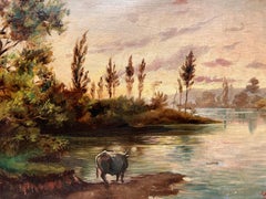 Ventkel 1893 Antique 19 century Oil painting on canvas, landscape with a cow