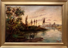 Ventkel 1893 Antique 19 century Oil painting on canvas, landscape with a cow