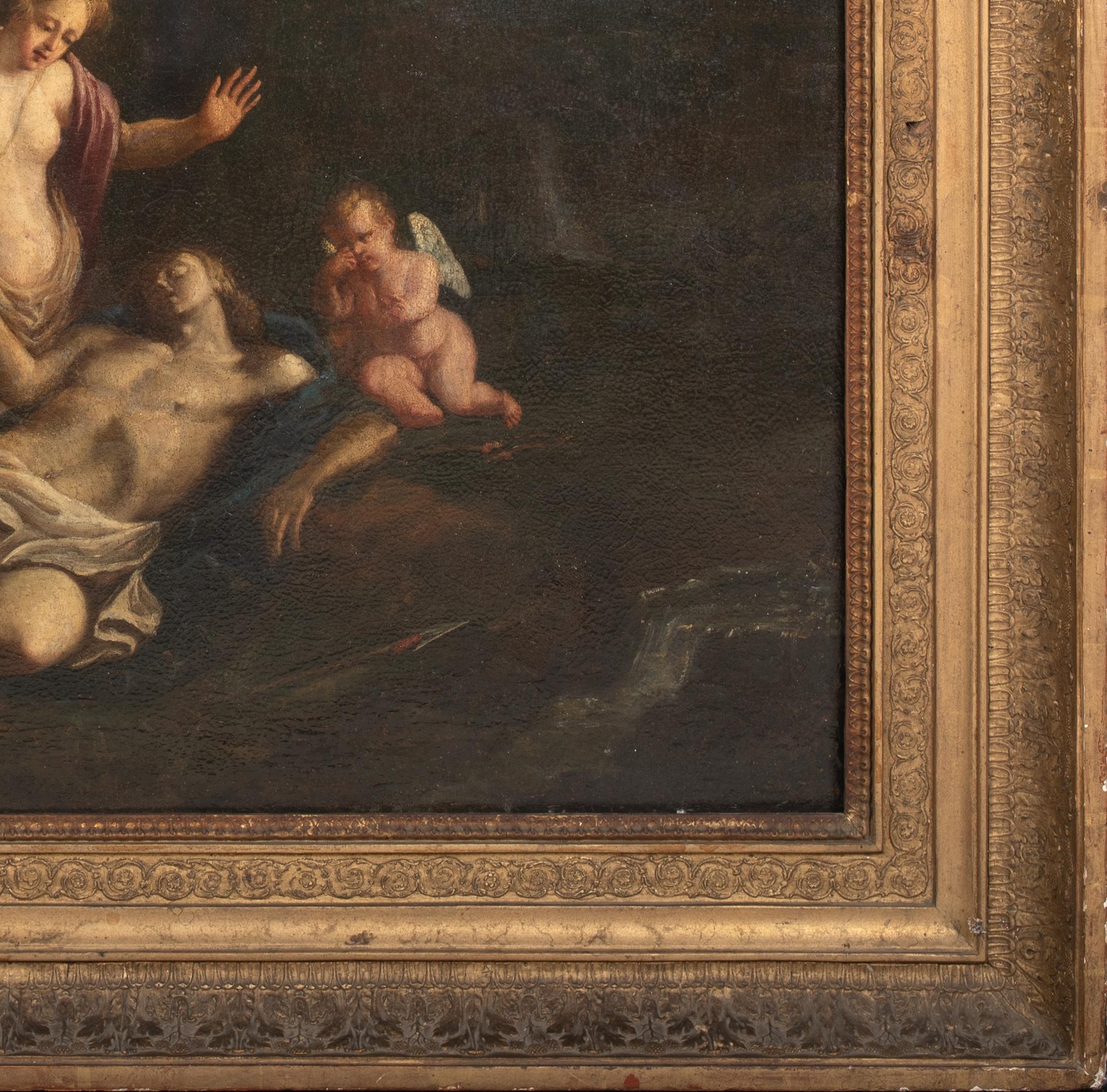 Vénus et la mort d'Adonis, 17e siècle

École vénitienne - adepte de Paolo Veronese (1528-1588)

Grand maître ancien de l'école vénitienne du XVIIe siècle représentant la mort d'Adonis, huile sur toile. Scène d'excellente qualité de l'école