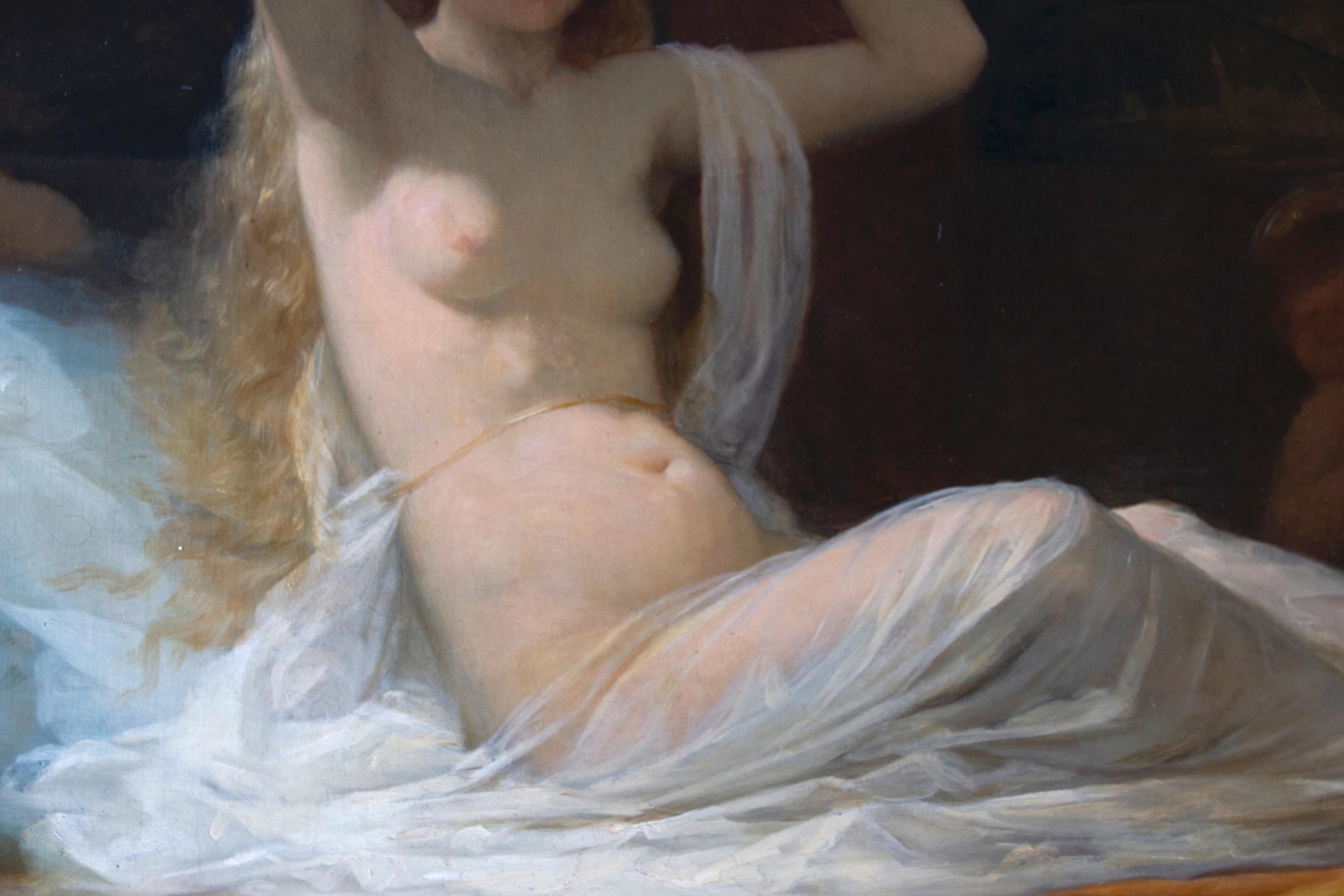 Vénus avec putti huile sur toile avec cadre en bois doré - Gris Nude Painting par Unknown