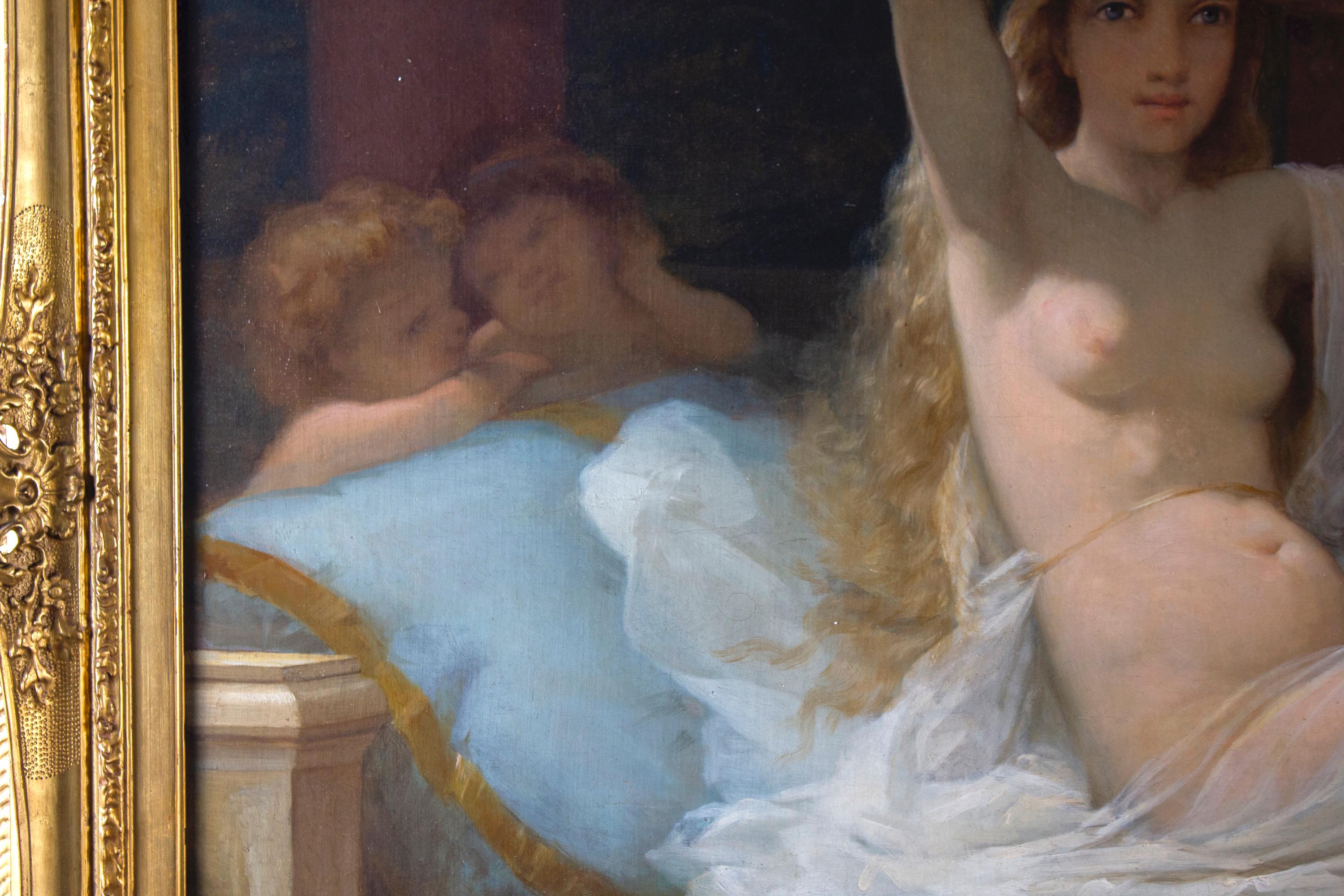 Peinture française du 19ème siècle, huile sur toile. Jeune Vénus nue  figure entourée de  délicieux jeu de putti .
 Cadre en bois finement sculpté et doré de la même époque. 
 Dimensions sans cadre cm 85 x 175 
 avec cadre cm 105 x 200