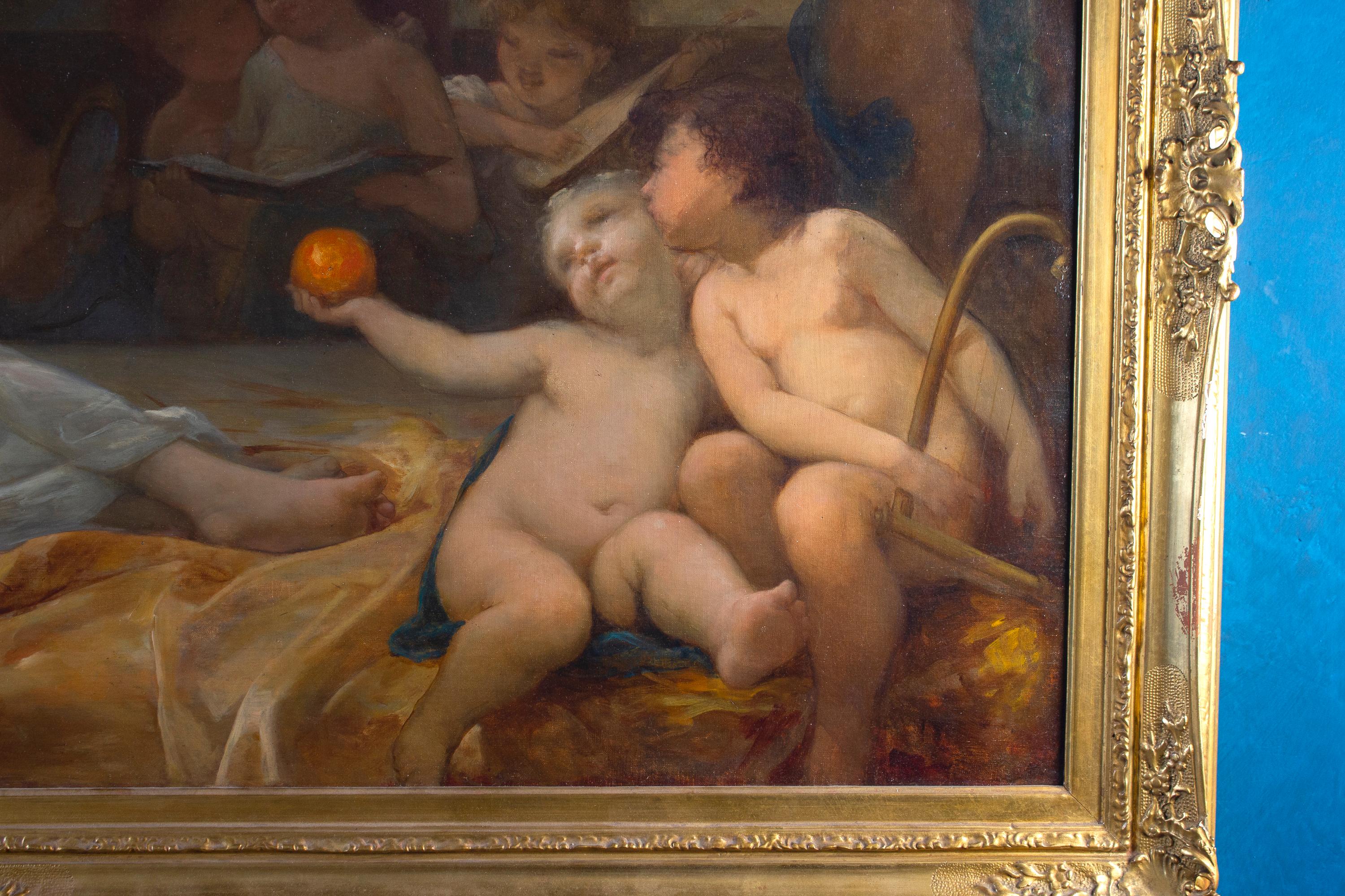 Vénus avec putti huile sur toile avec cadre en bois doré en vente 1