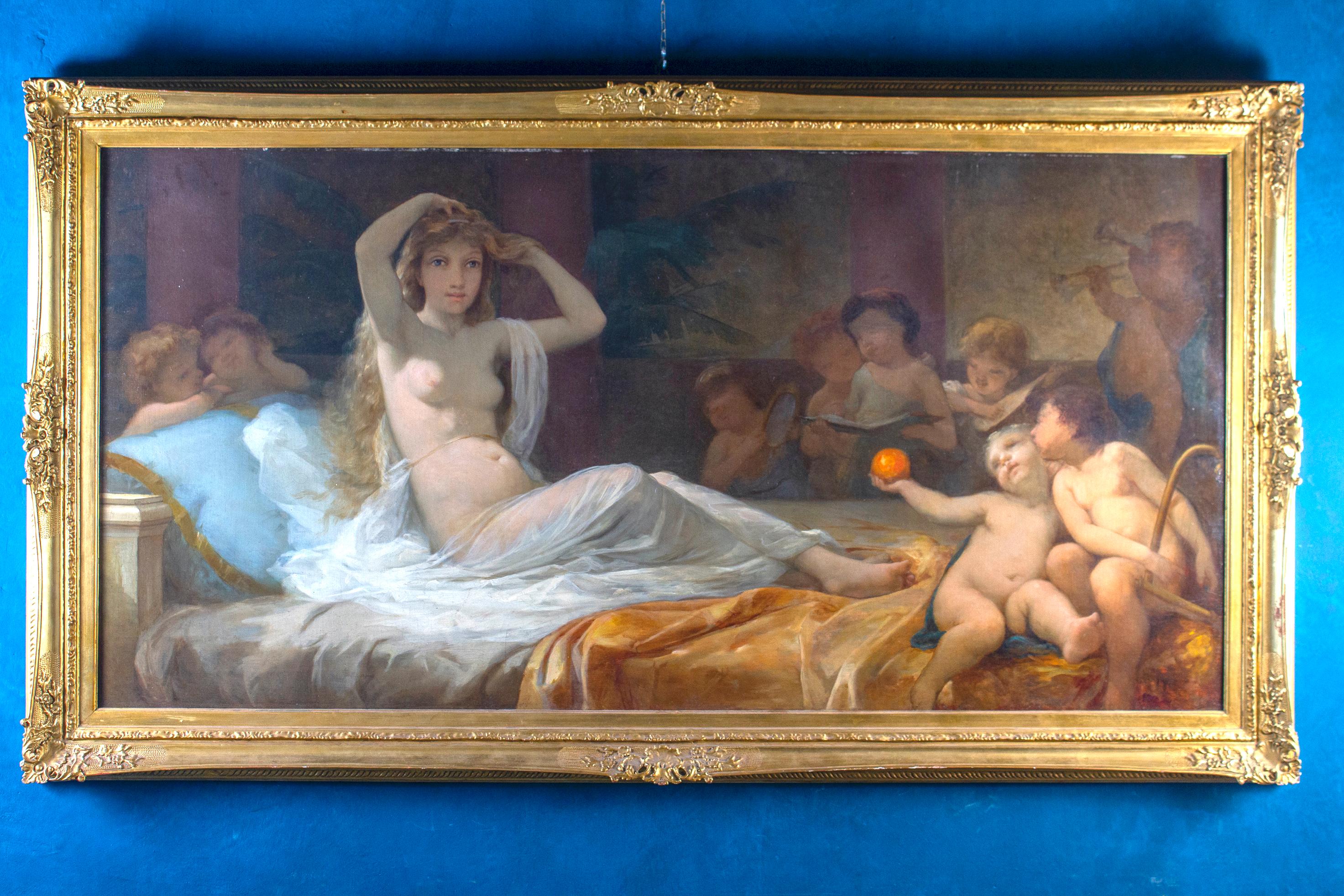Nude Painting Unknown - Vénus avec putti huile sur toile avec cadre en bois doré 