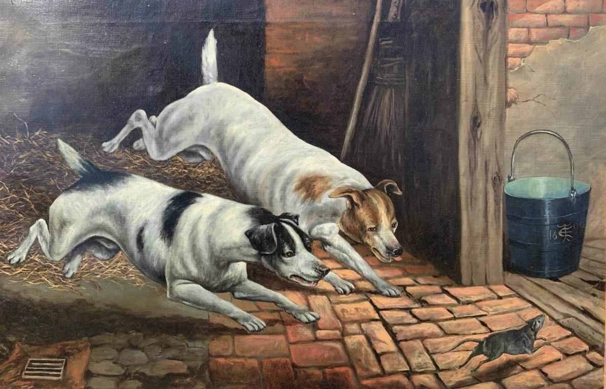 Verist continental painter - Late 19th century (1899) animalier painting - Dogs  - Naturalistic Painting by Unknown