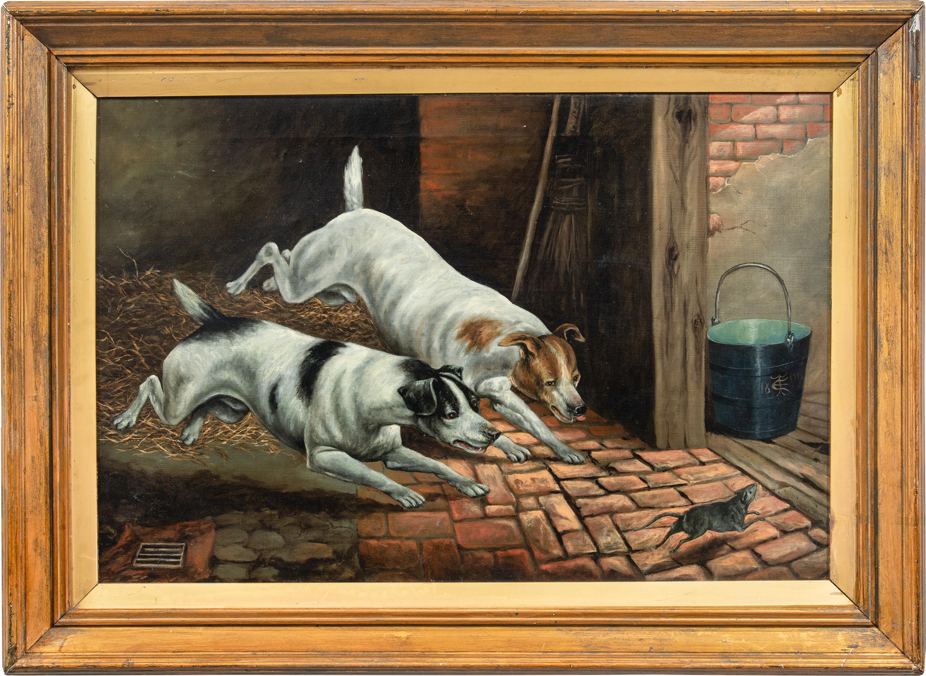 Unknown Animal Painting - Verist continental painter - Late 19th century (1899) animalier painting - Dogs 