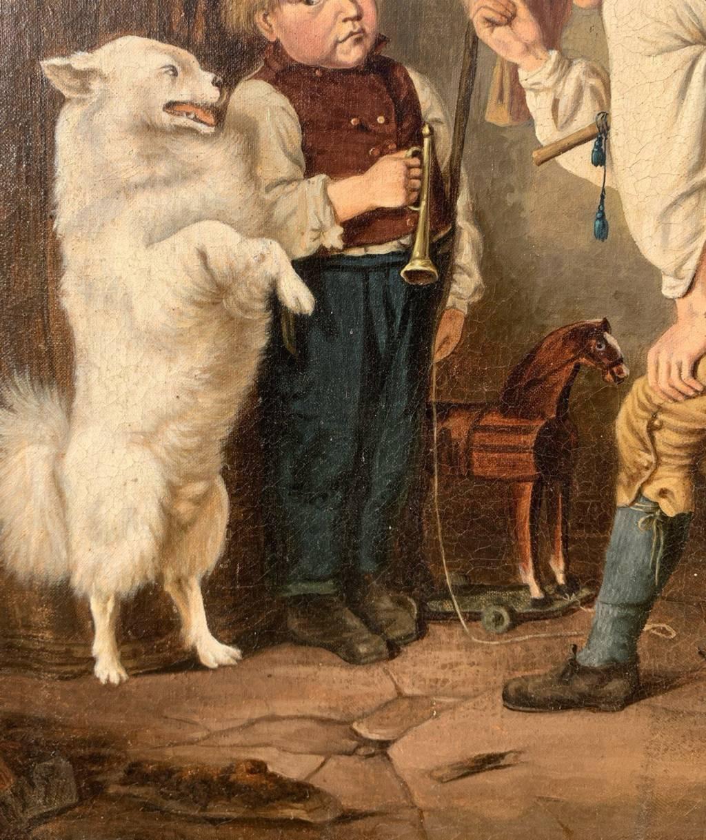 Italienischer Maler (19. Jahrhundert) - Der dressierte Hund.

56,5 x 46,5 cm ohne Rahmen, 69 x 59 cm mit Rahmen.

Antikes Ölgemälde auf Leinwand, in einem vergoldeten Holzrahmen.

- Das Werk ist rechts unten undeutlich signiert.

Zustandsbericht: