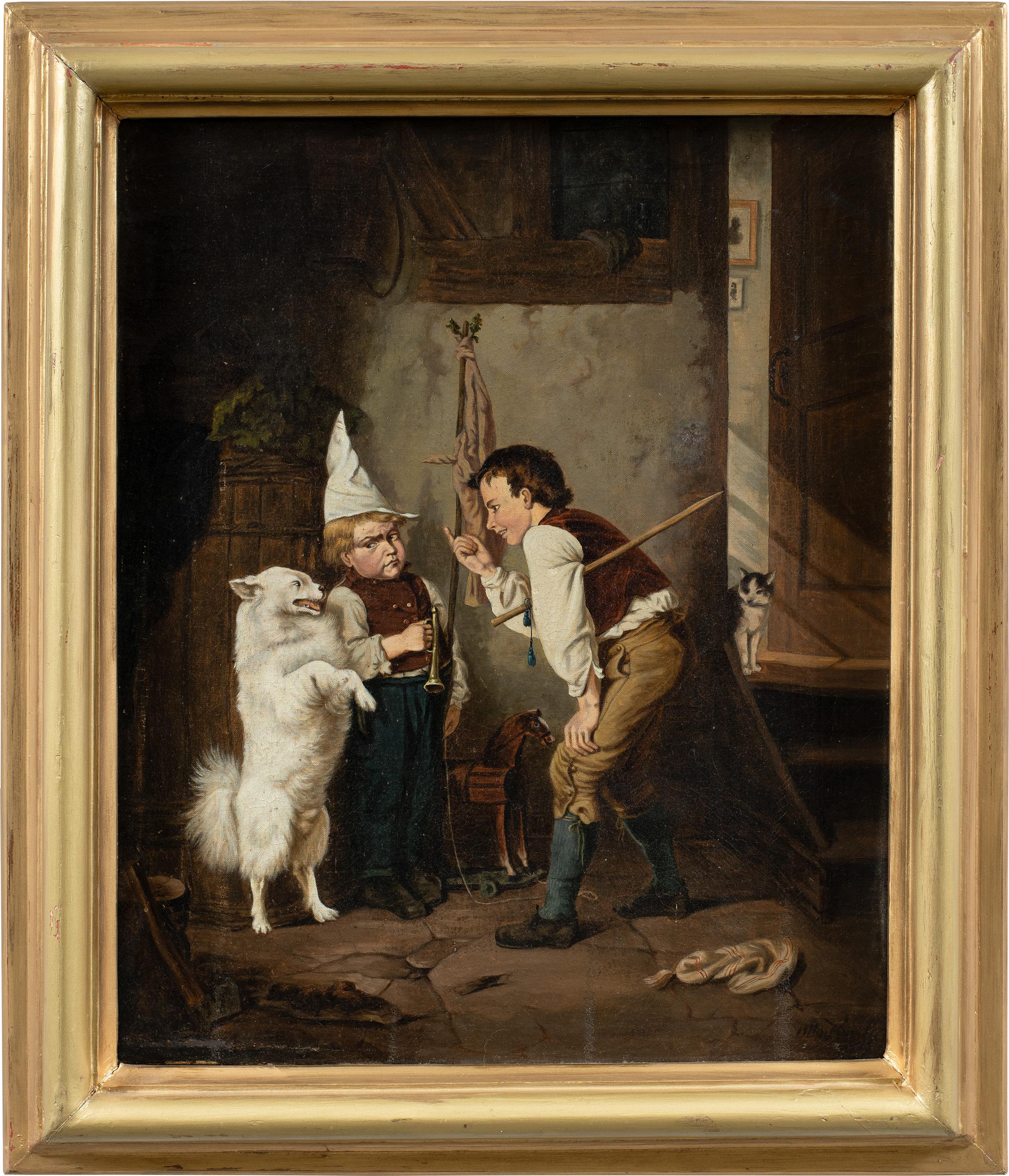 Pintor verista italiano - Pintura de figuras de finales del siglo XIX - Perro amaestrado