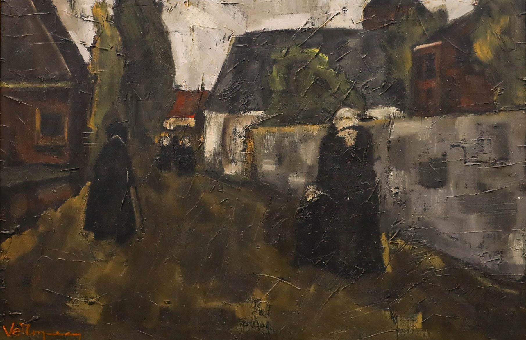 Vermeir - Großes zeitgenössisches Öl, Straßenszene mit Figuren – Painting von Unknown