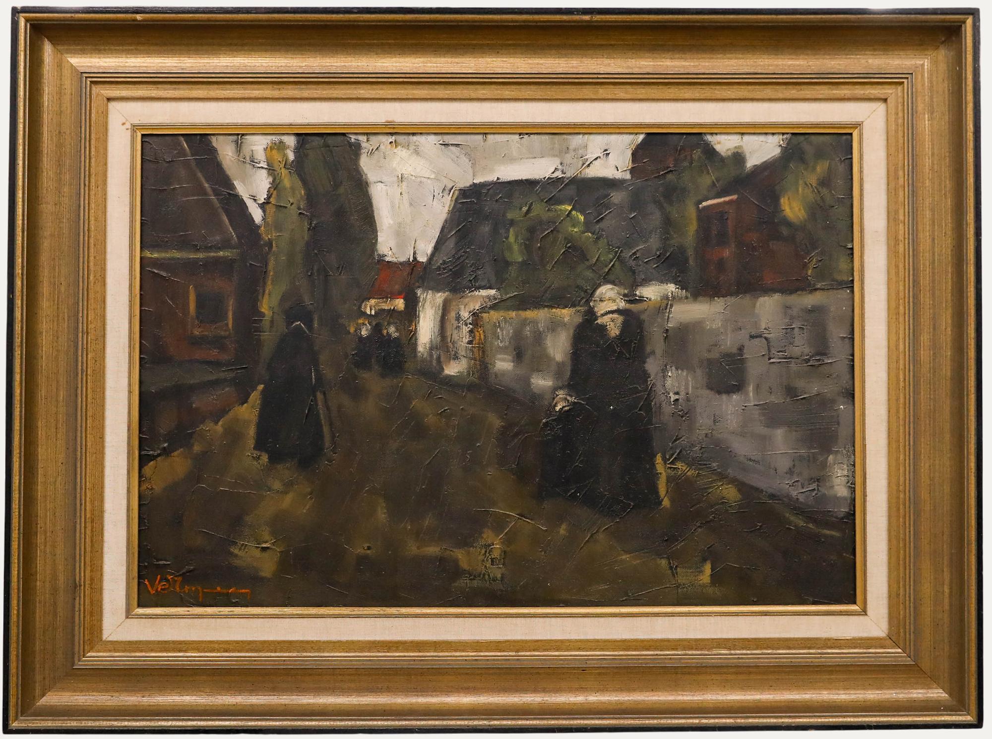 Unknown Landscape Painting – Vermeir - Großes zeitgenössisches Öl, Straßenszene mit Figuren