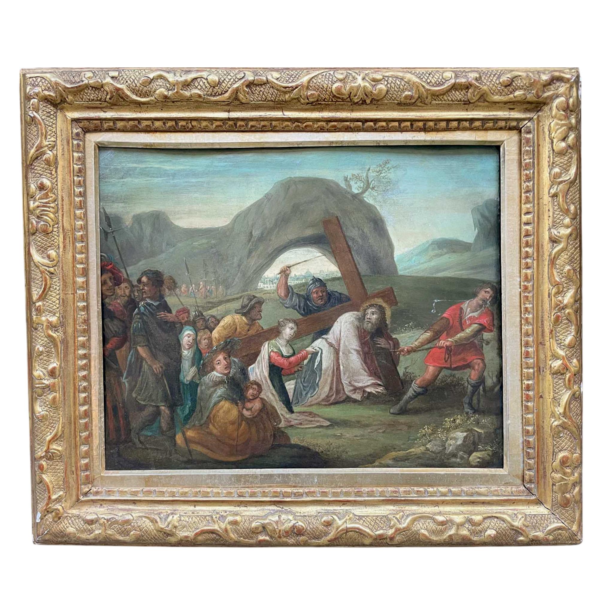 Unknown Figurative Painting – Veronica Offering The Holy Veil To Christ – Flemish School, Oil On Copper