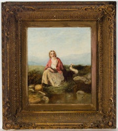 Very Fine English 19th Century Oil - Young Lady with Lambs