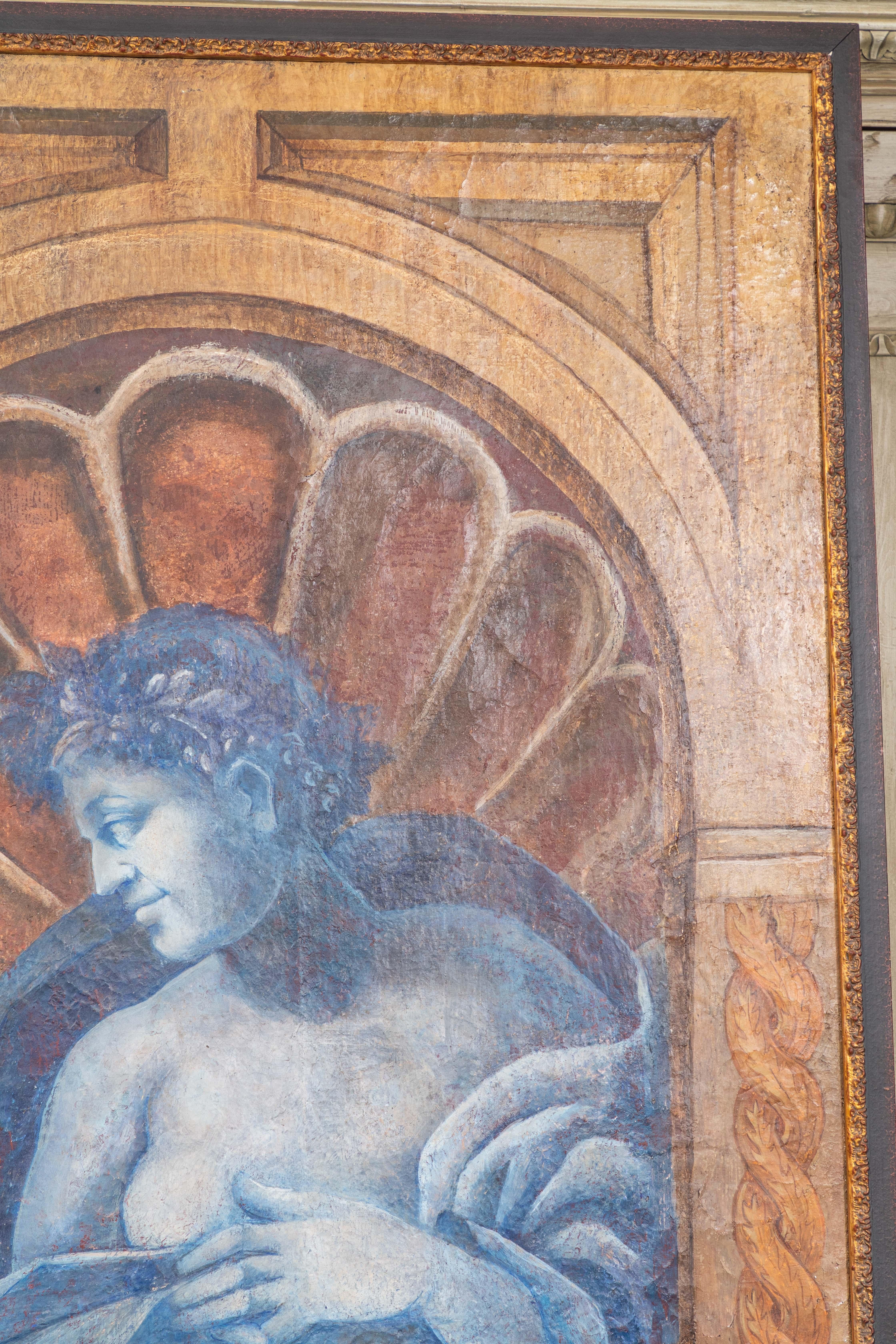 Au-delà de la grandeur nature, cette peinture à l'huile allégorique de la Renaissance représente l'été, avec une nymphe encastrée dans une alcôve, enveloppée d'une draperie et coiffée d'une couronne de feuillage. Dans sa main droite, une corne