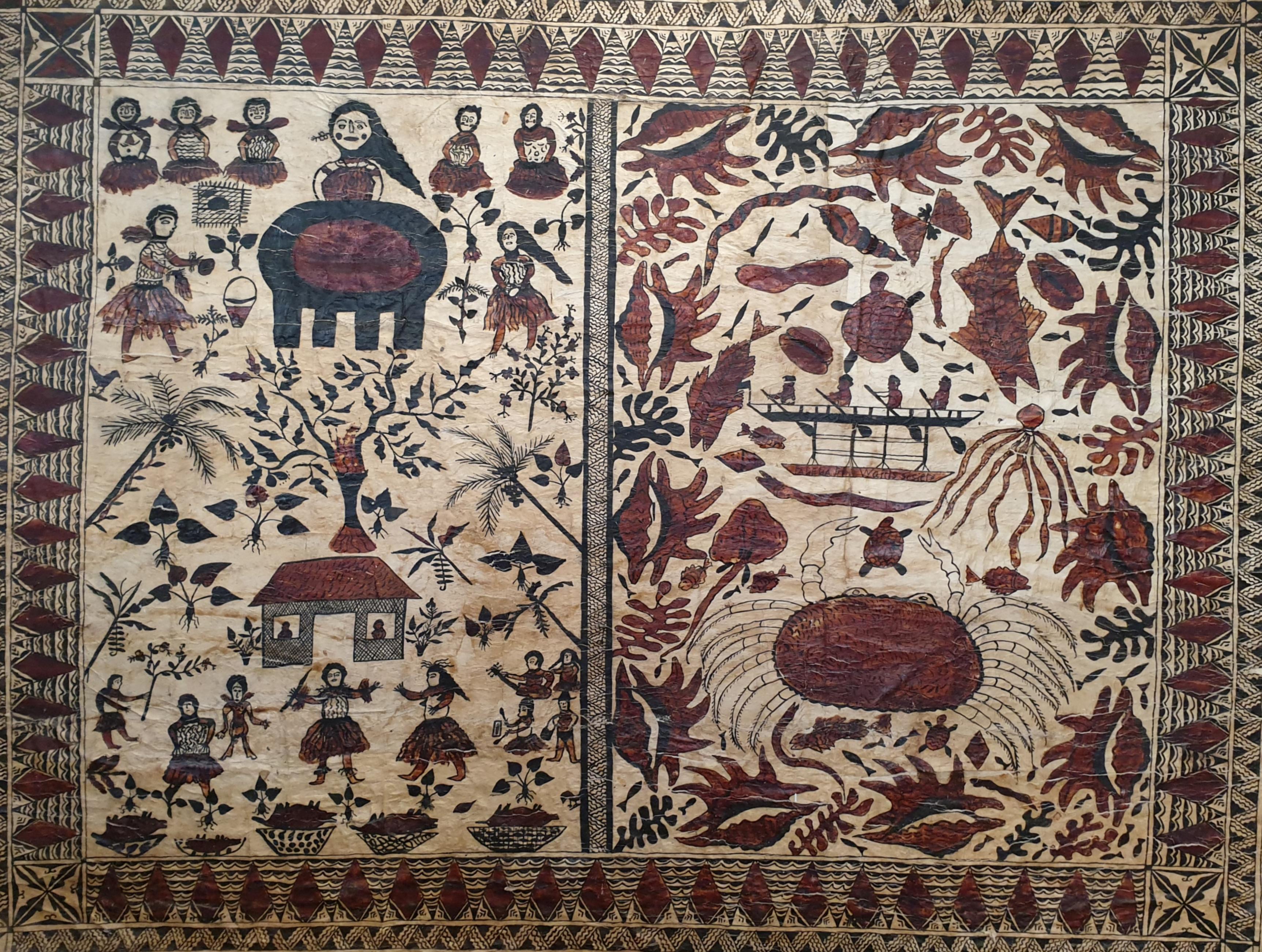 Very large and detailed Ethnographic hand painted early 20th century tapa cloth from the Society Island of Wallis in French Polynesia. Laid on board.

This piece is unusual both for its size and the fact that it is largely hand painted and then