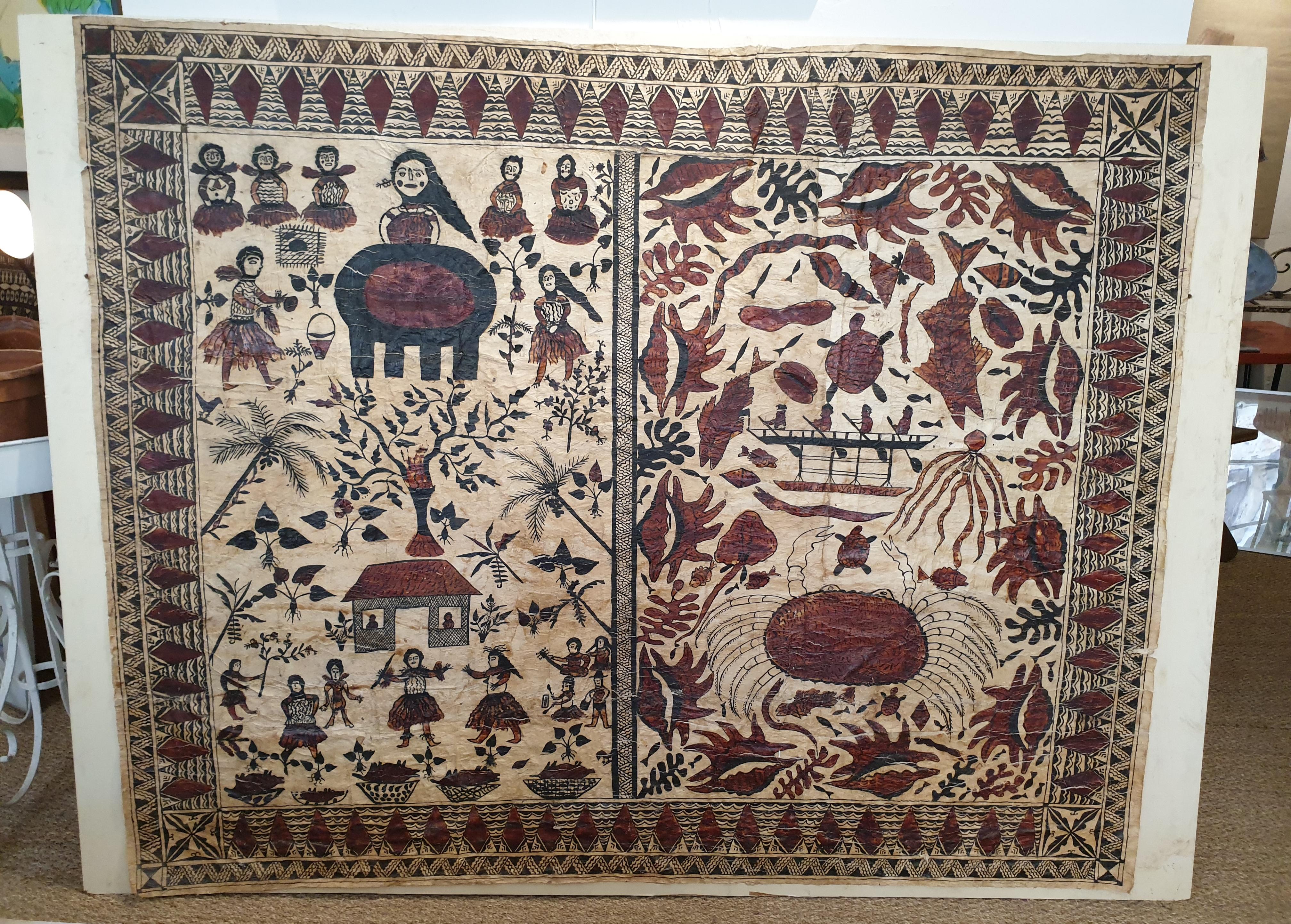 Very Large Hand Painted Tapa Cloth From Oceania ( Wallis, The Society Islands ). 1