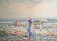 Very Large Impressionist Oil Painting of a Lady in Blue