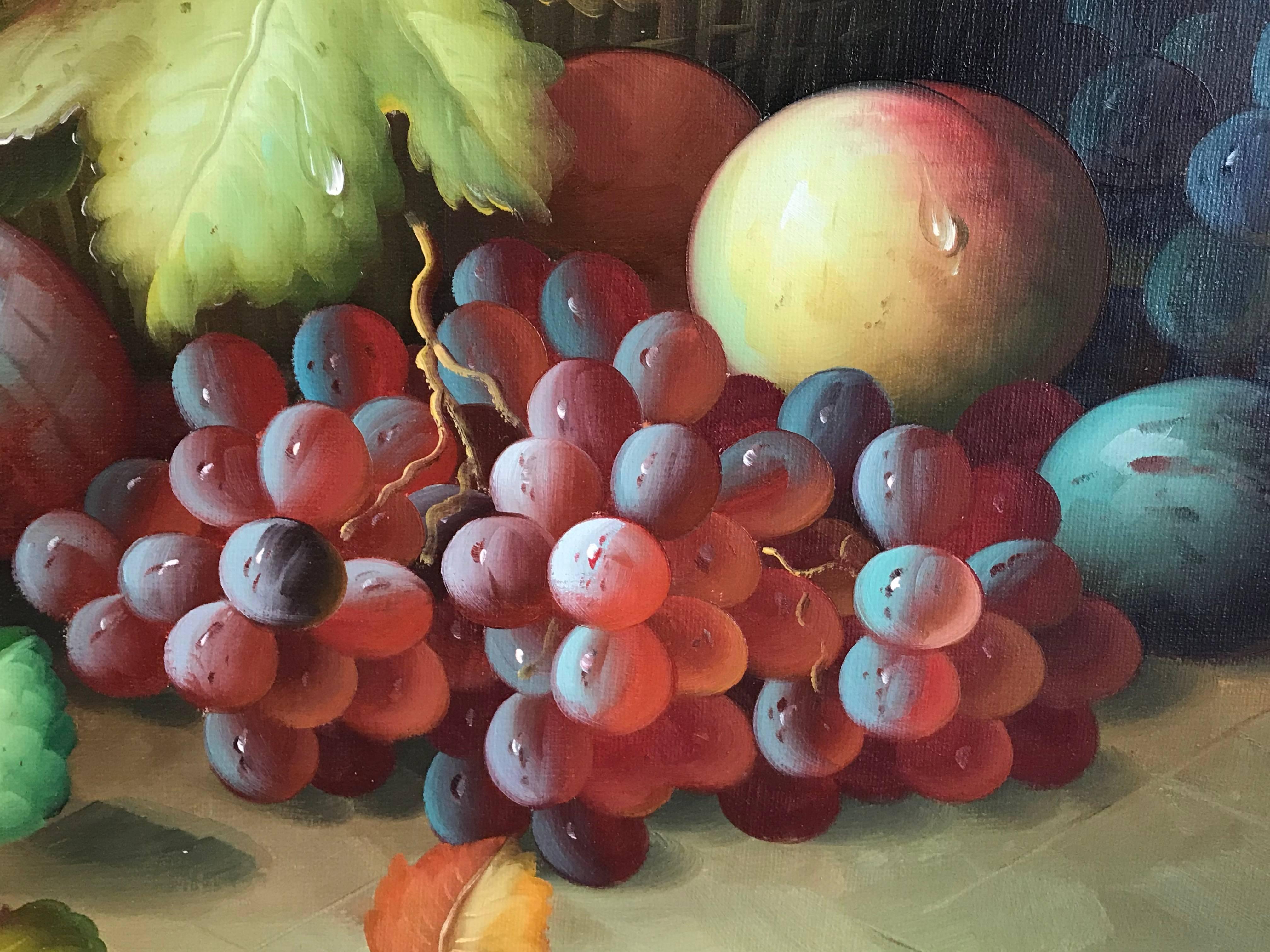 Continental School, late 20th century
oil painting on canvas, framed
framed size: 30 x 42 inches

Beautiful large scale still life oil painting on canvas, depicting this classical and ornamental arrangement of fruit. The work is very much in the
