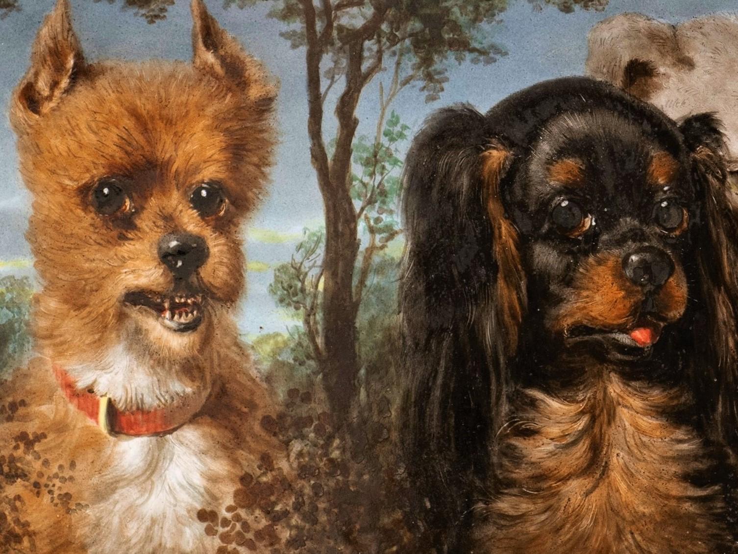 Very Rare Portrait of 6 Dogs on Enameled Ceramic Maison Pichenot-Loebnitz
Enamels, ceramic
France, ca. 1875.
25 x 8 (31 x 13 framed) inches

This rectangular panel made of enameled ceramic was made by Jules Loebnitz in the second half of the 19th