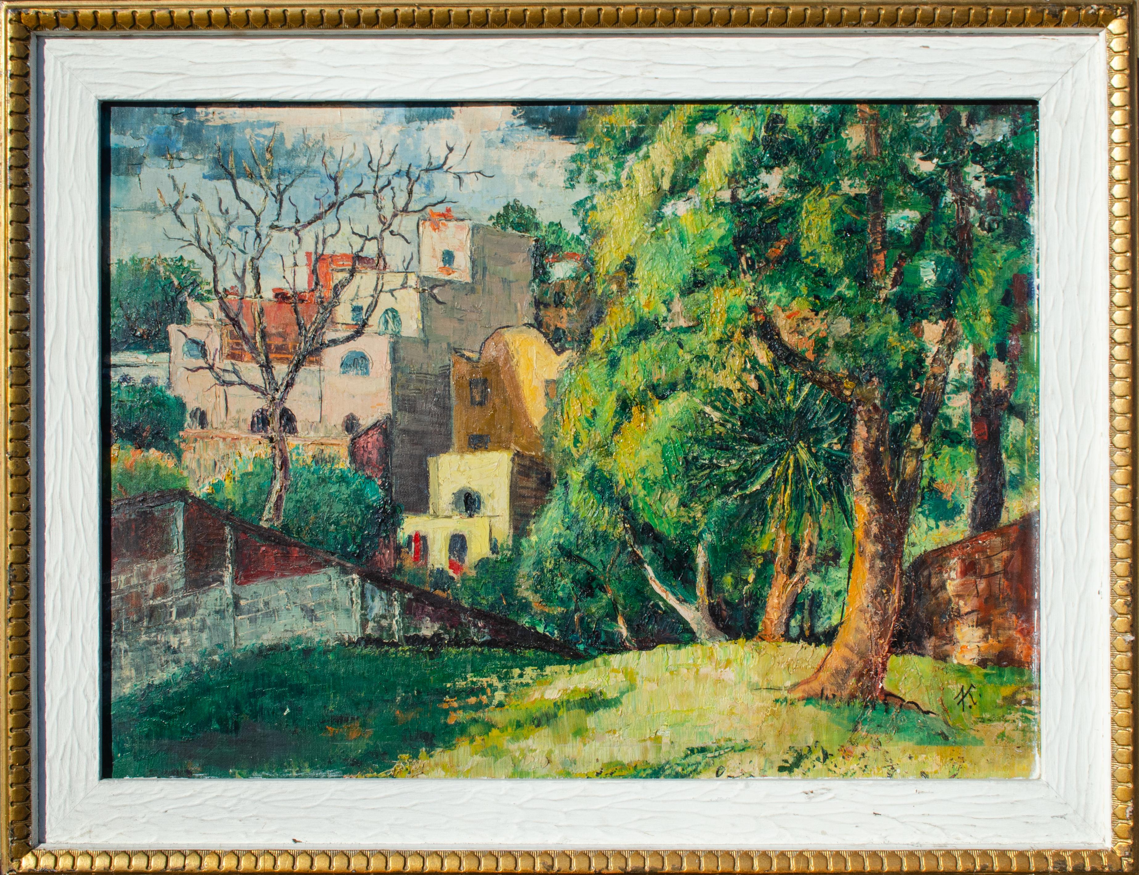 Unknown Landscape Painting - Vibrant Hillside Townscape by Mystery Artist