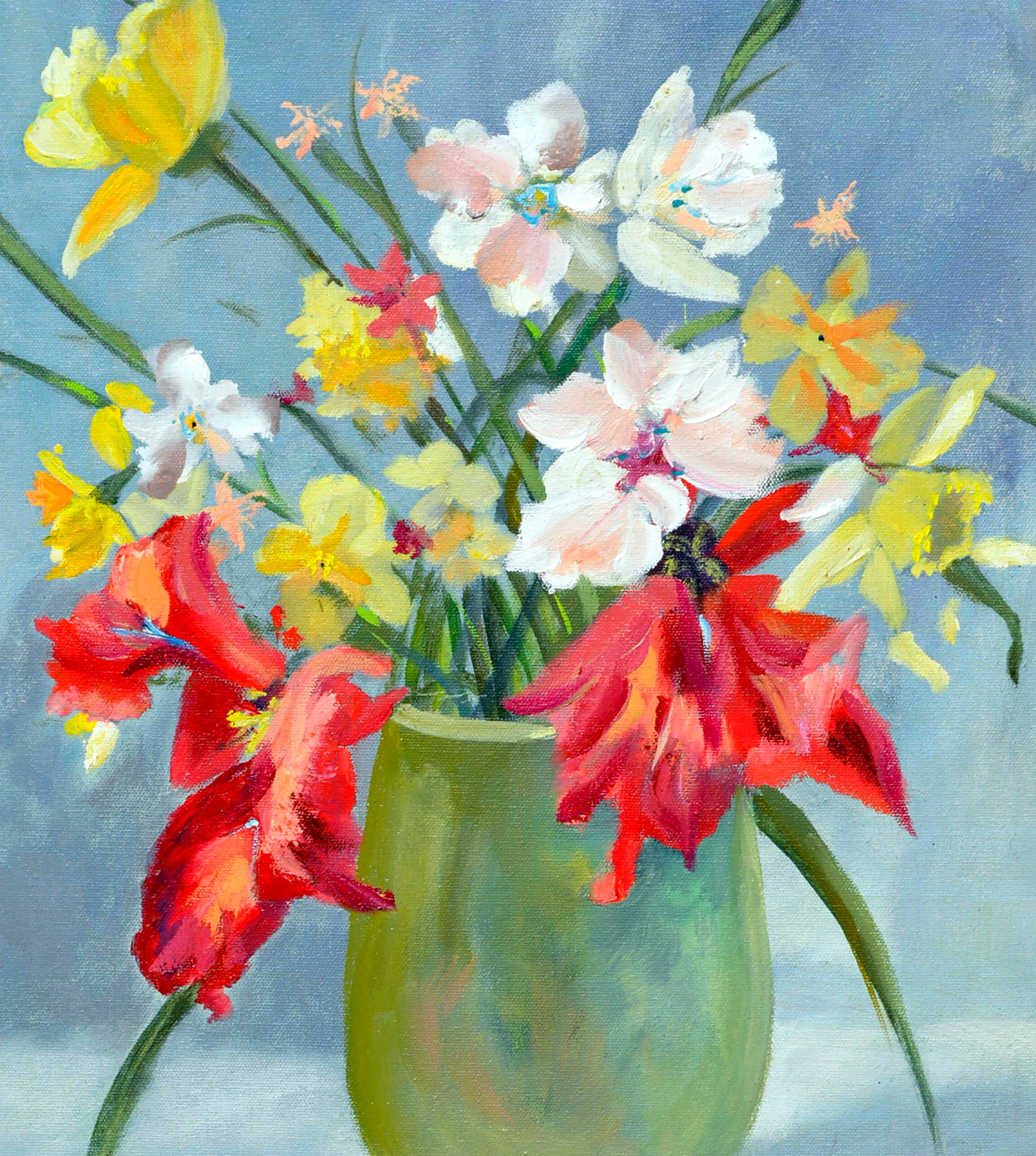 Vibrant Spring Bulb Still Life in Oil on Canvas - American Modern Painting by Unknown
