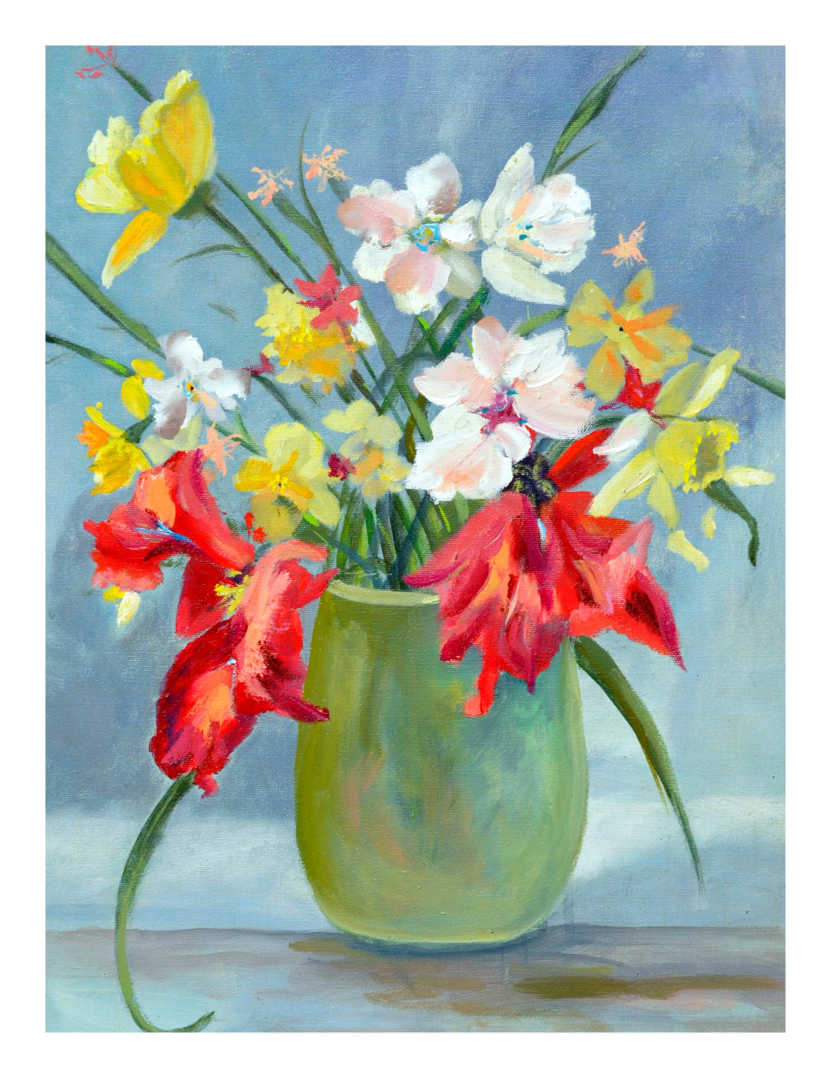 Vibrant Spring Bulb Still Life in Oil on Canvas - Gray Still-Life Painting by Unknown
