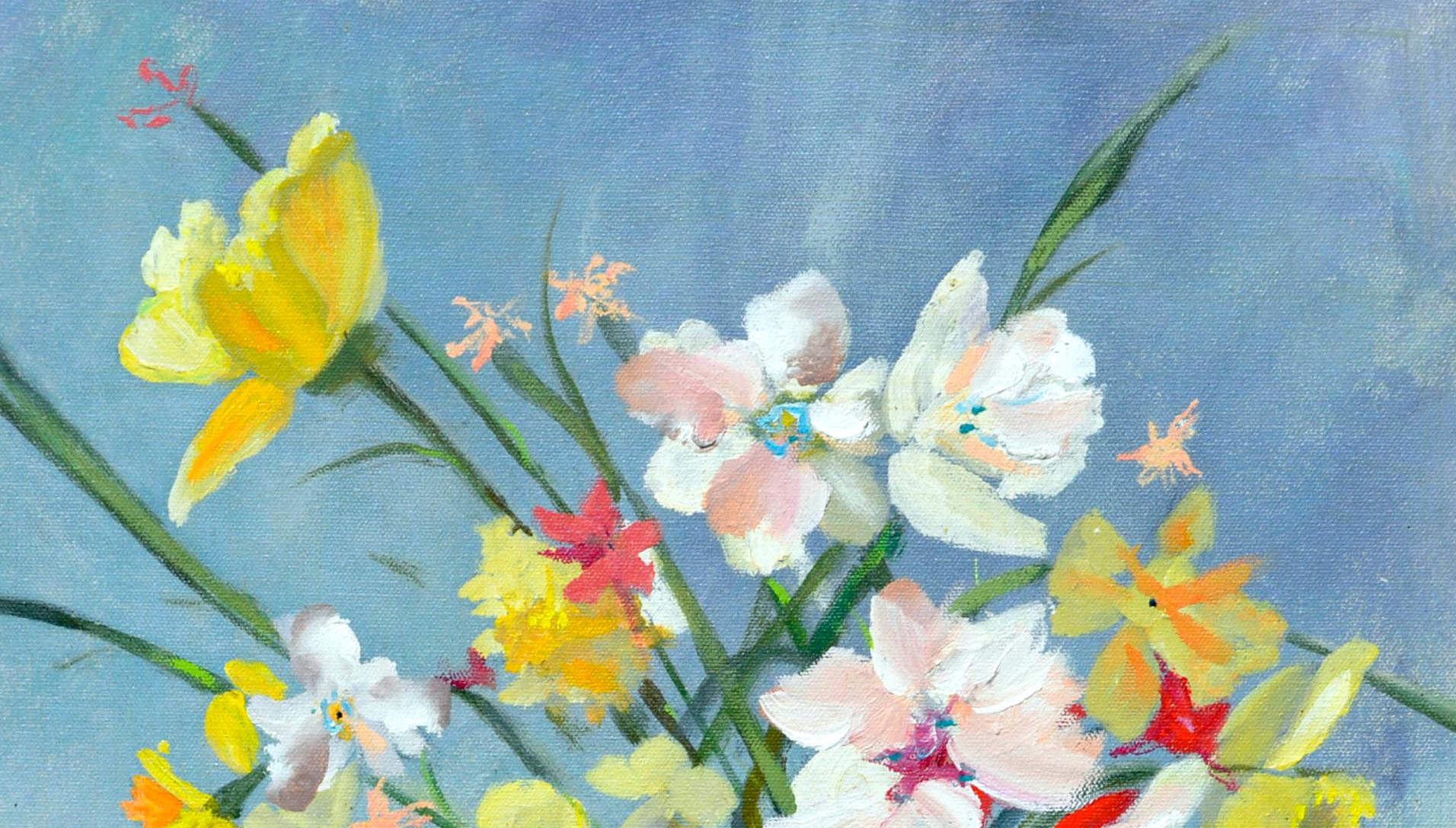 Vibrant Spring Bulb Still Life in Oil on Canvas

Vibrant floral  still life oil painting by an unknown artist. Bright yellow, white, and red flowers are arranged tastefully in a green vase. The arrangement is sitting on a blue surface with a blue