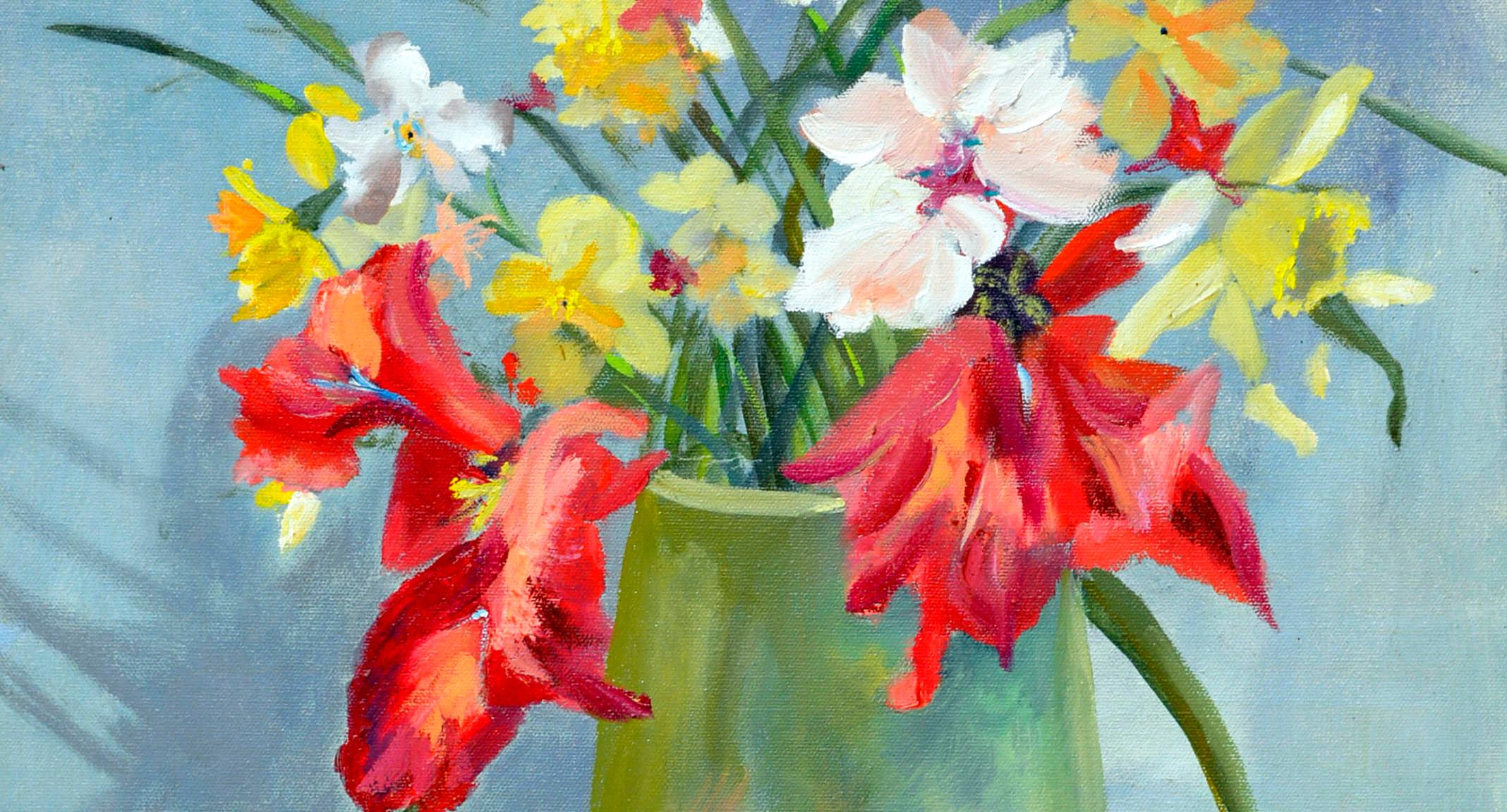 Vibrant Spring Bulb Still Life in Oil on Canvas For Sale 1
