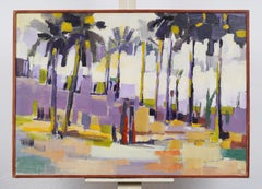 Vibrant Tropical Cityscape Palm Tree Abstract Oil Painting