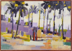 Vibrant Tropical Cityscape Palm Tree Abstract Oil Painting