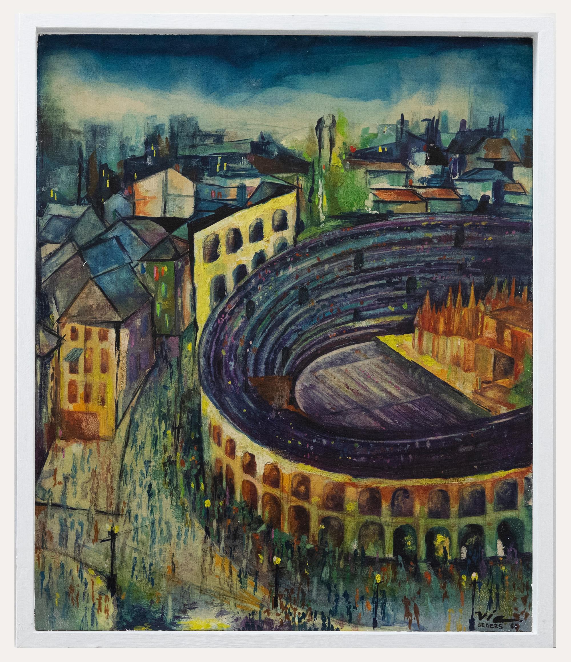 Unknown Landscape Painting - Vic Segers  - 1968 Oil, Amphitheatre in Arles