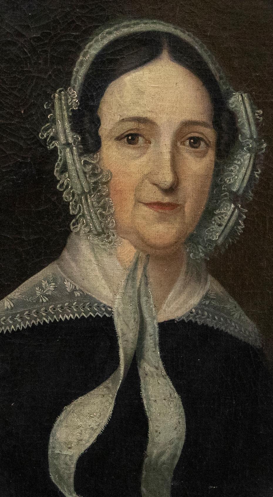 Huile victorienne du 19ème siècle - Dame dans un chapeau en dentelle - Painting de Unknown