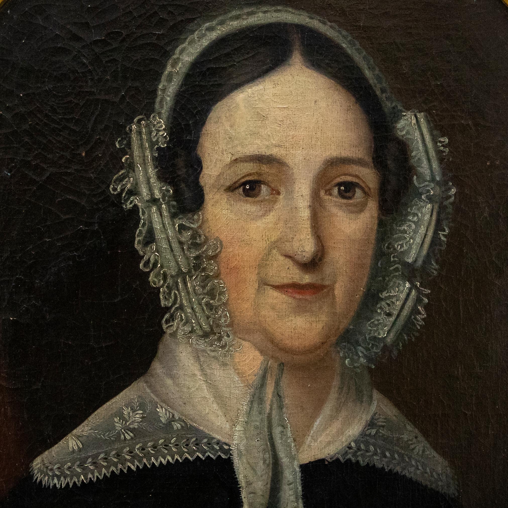 Huile victorienne du 19ème siècle - Dame dans un chapeau en dentelle 1