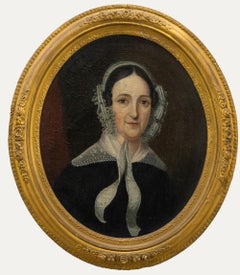 Huile victorienne du 19ème siècle - Dame dans un chapeau en dentelle